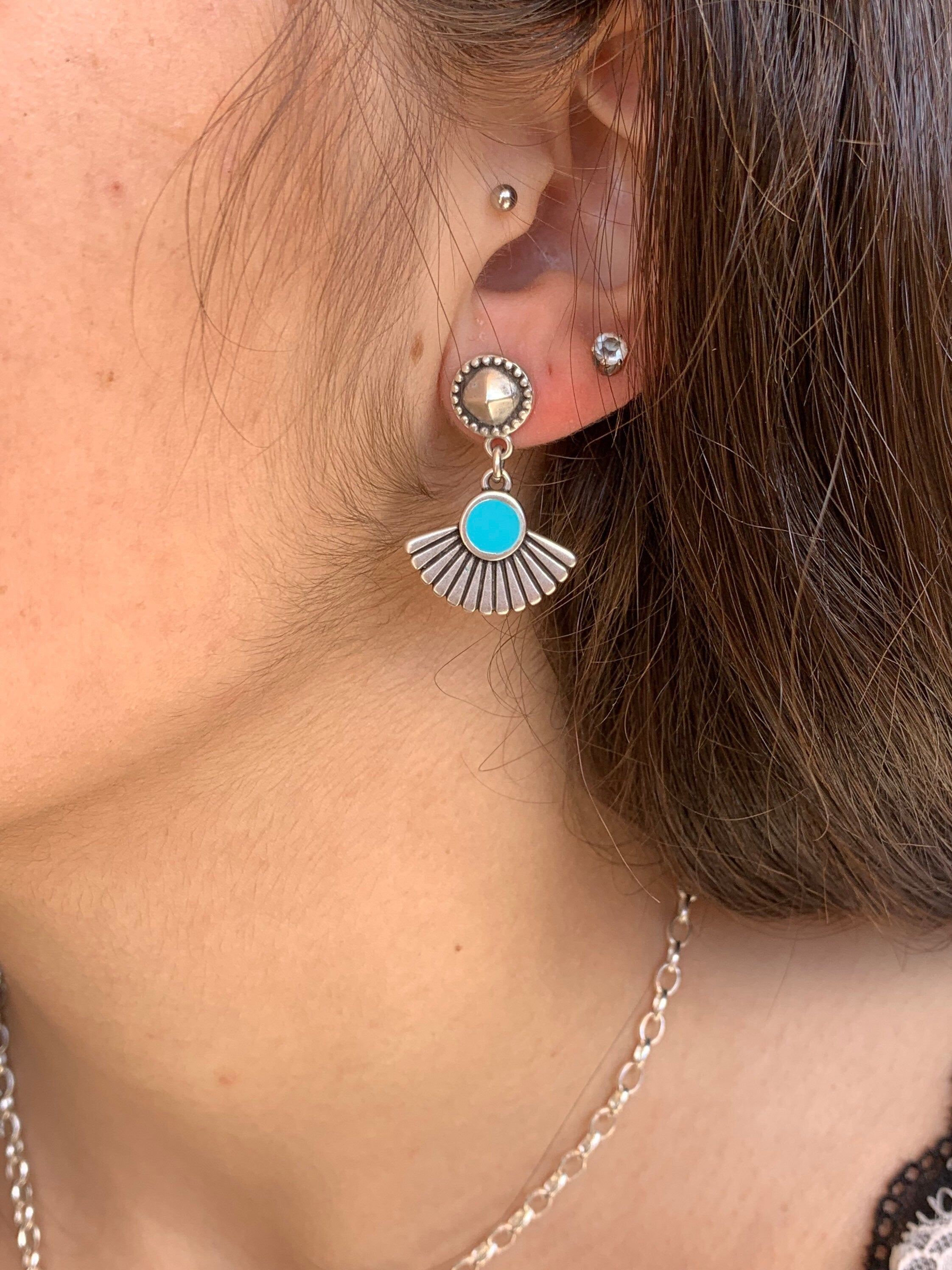 Boho Tribal Earrings – Turquoise Enamel & Silver – hypoallergenic – Handmade Kukuri Jewelry - everyday