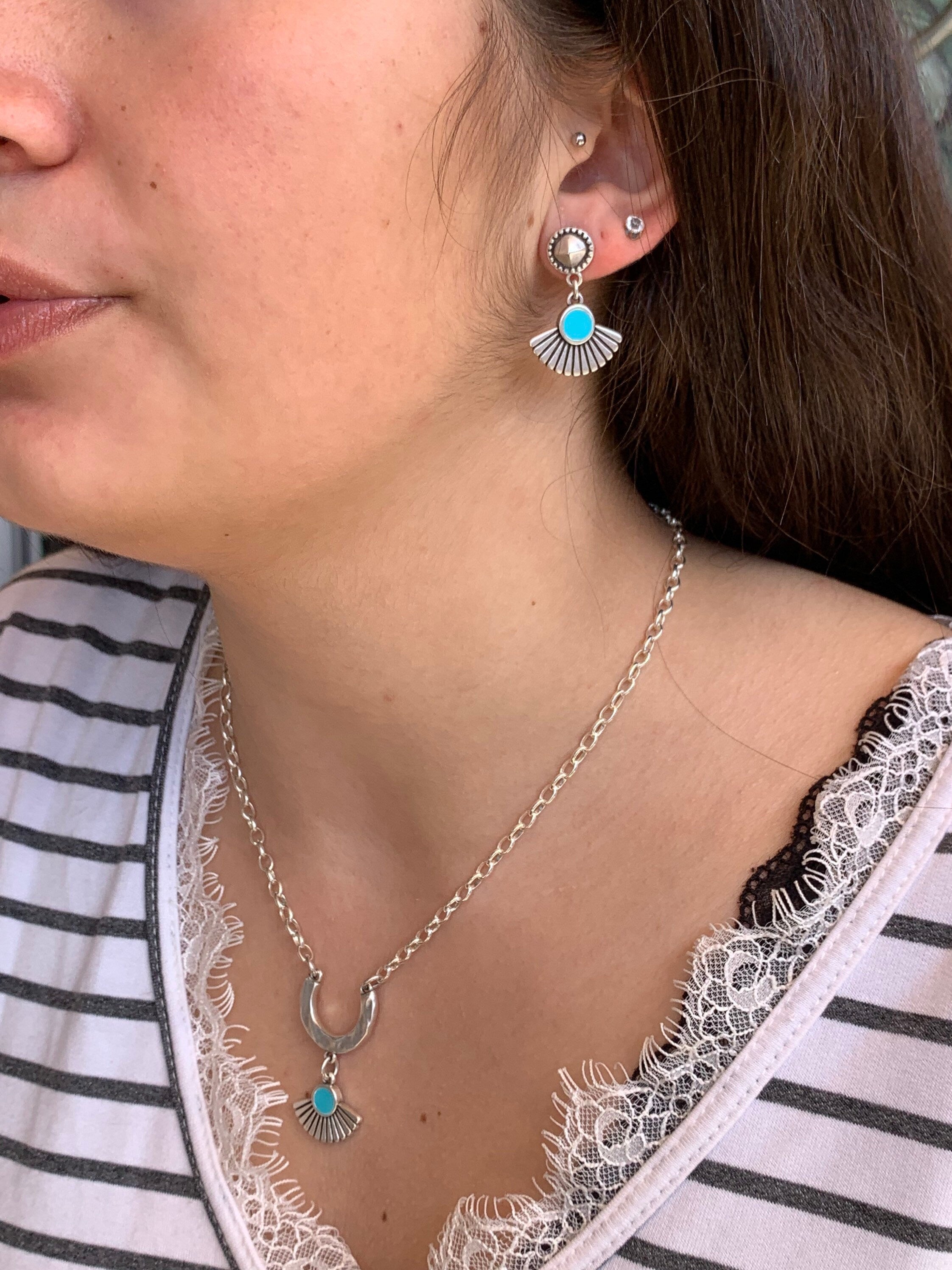 Boho Tribal Earrings – Turquoise Enamel & Silver – hypoallergenic – Handmade Kukuri Jewelry - everyday