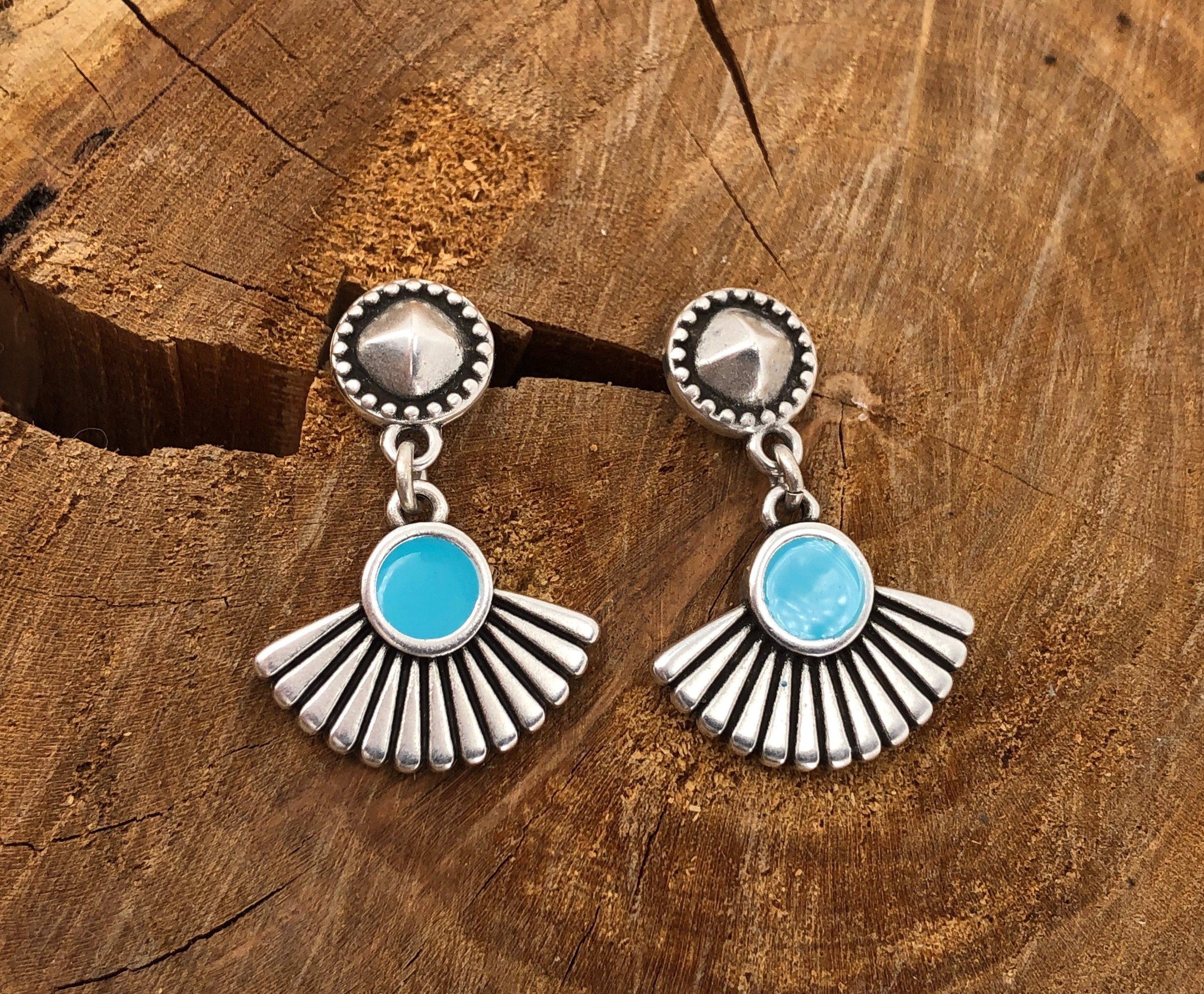 Boho Tribal Earrings – Turquoise Enamel & Silver – hypoallergenic – Handmade Kukuri Jewelry - everyday