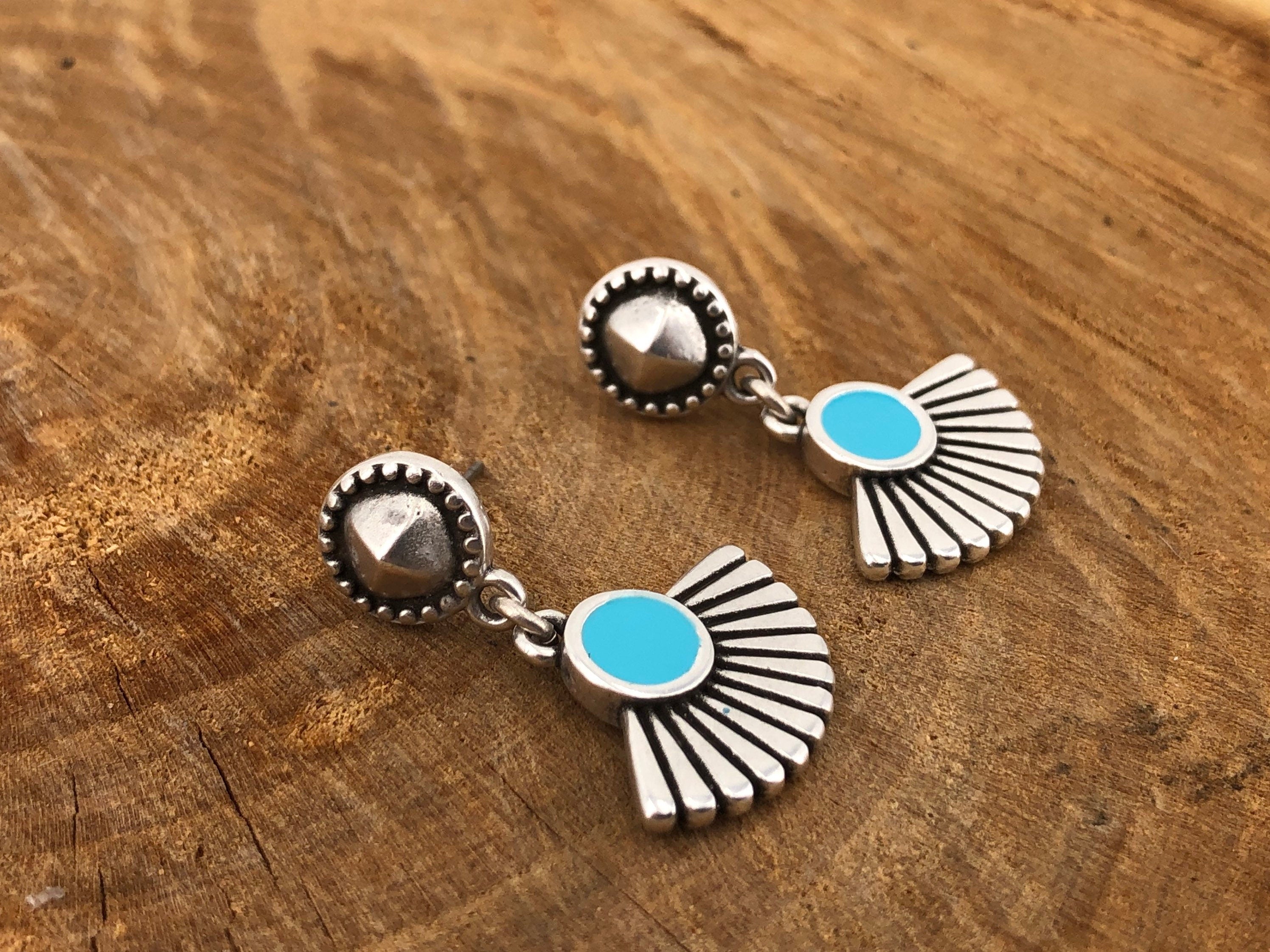 Boho Tribal Earrings – Turquoise Enamel & Silver – hypoallergenic – Handmade Kukuri Jewelry - everyday