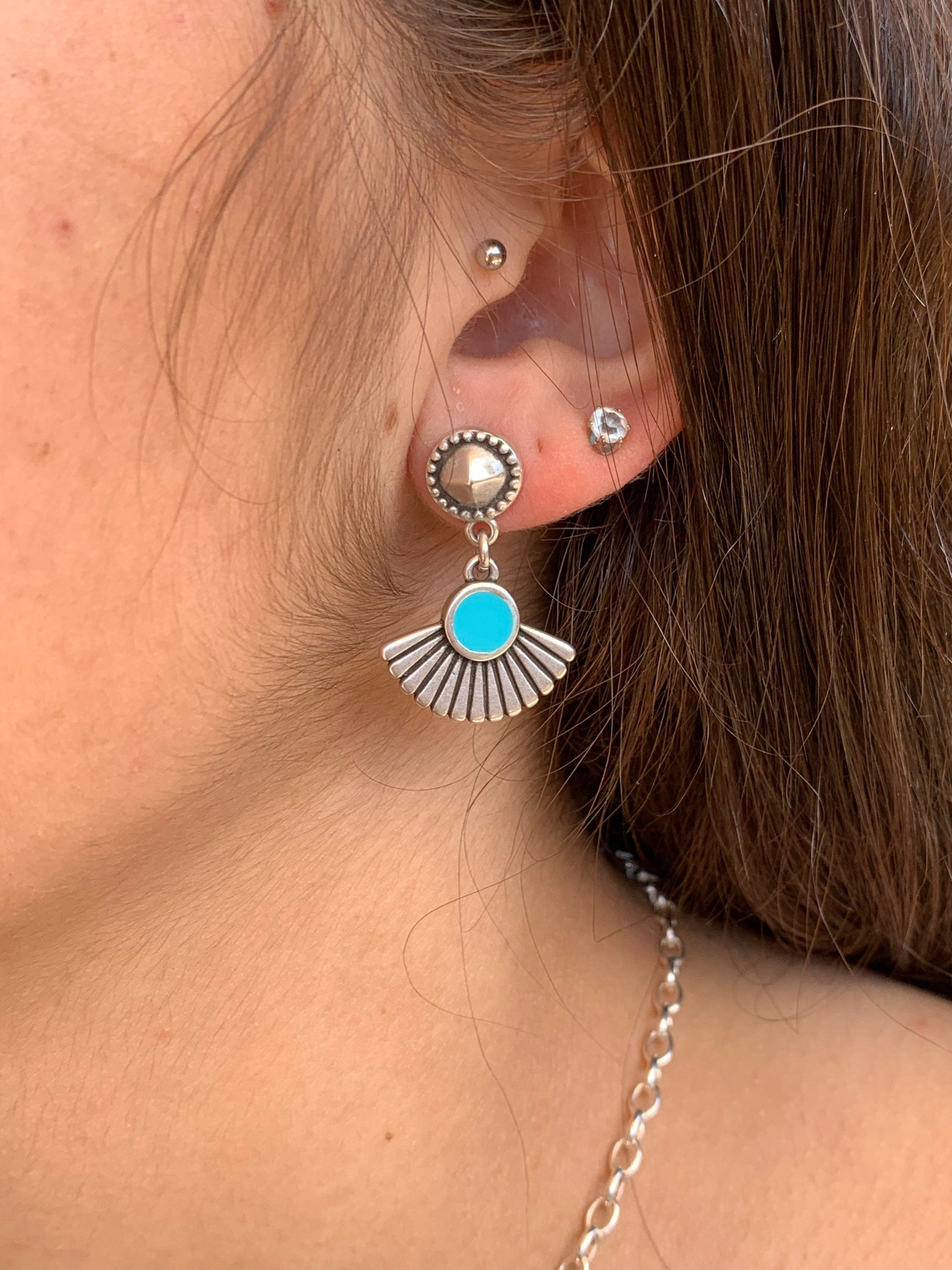 Boho Tribal Earrings – Turquoise Enamel & Silver – hypoallergenic – Handmade Kukuri Jewelry - everyday