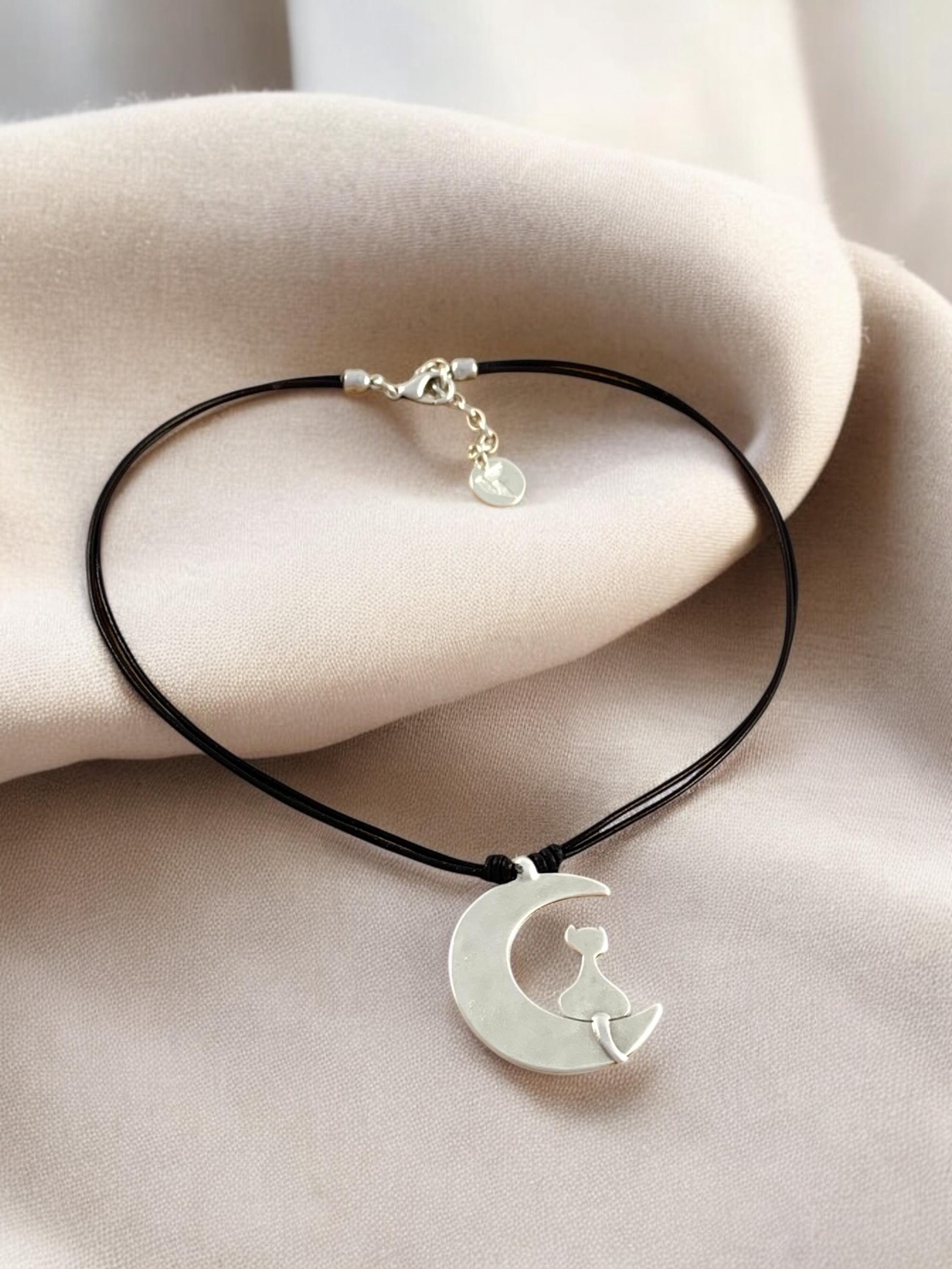 Cat in moon pendant leather necklace, Karen’s necklace, cat lovers necklace, statement pendant necklace, gift for women, silver necklace
