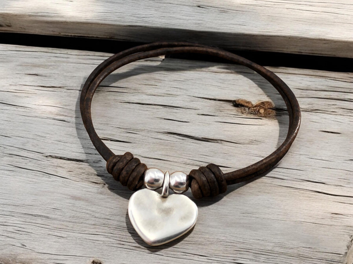 Handmade Leather Heart Charm Bracelet, Silver Plated Bohemian Tribal Style