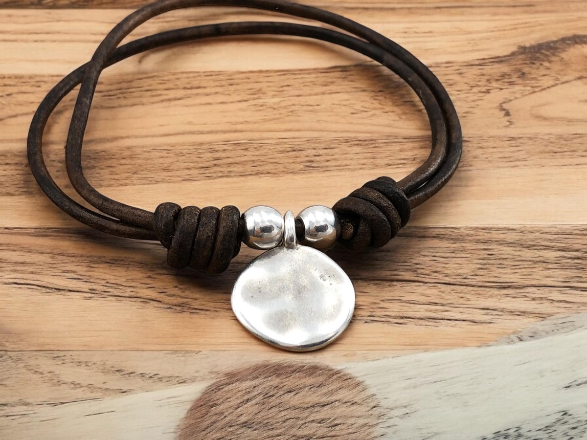 Handmade Leather Heart Charm Bracelet, Silver Plated Bohemian Tribal Style