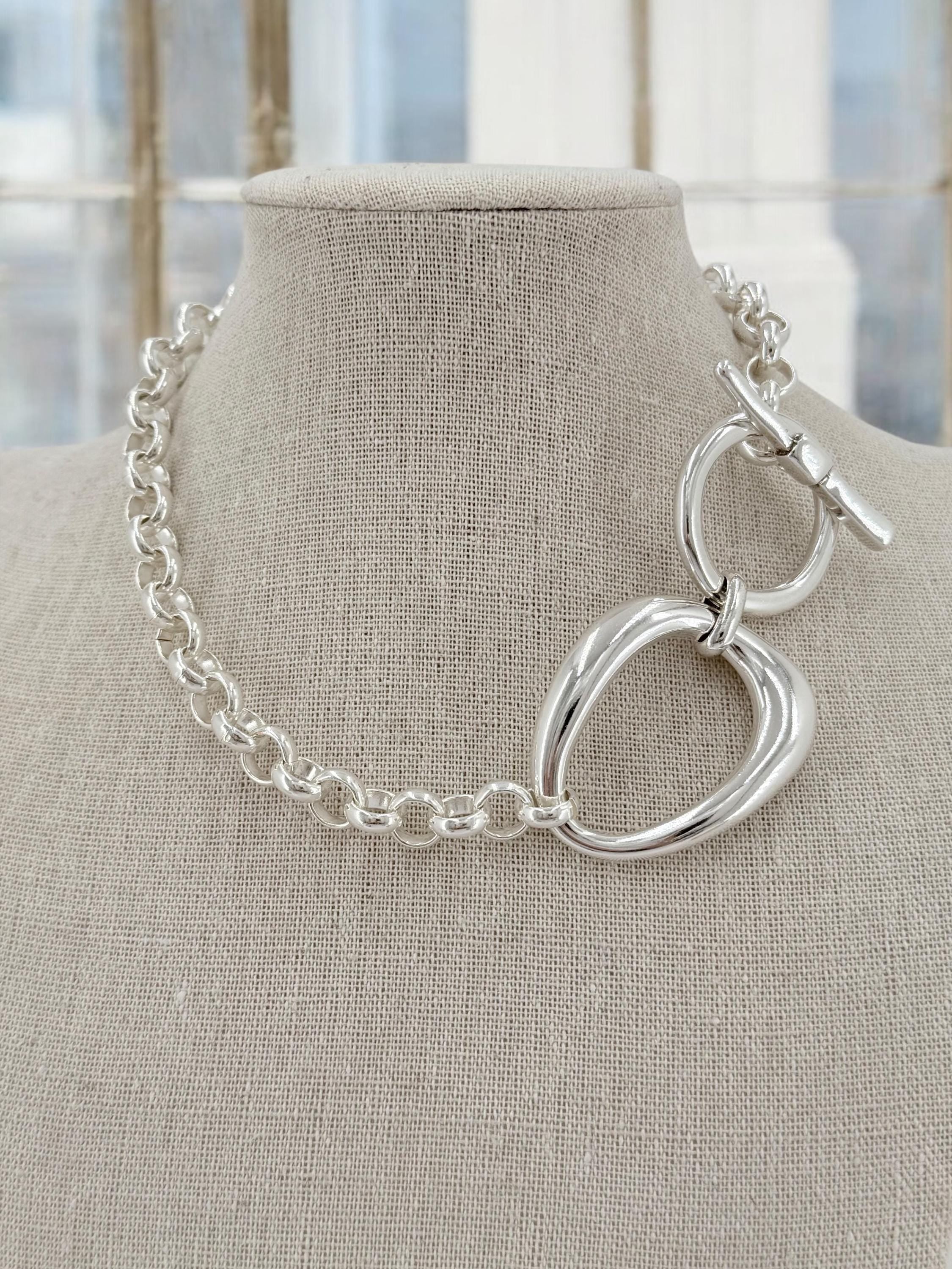 Statement chunky silver chain choker, silver rolo toggle necklace, big pendant choker, silver heavyweight chain necklace, ,