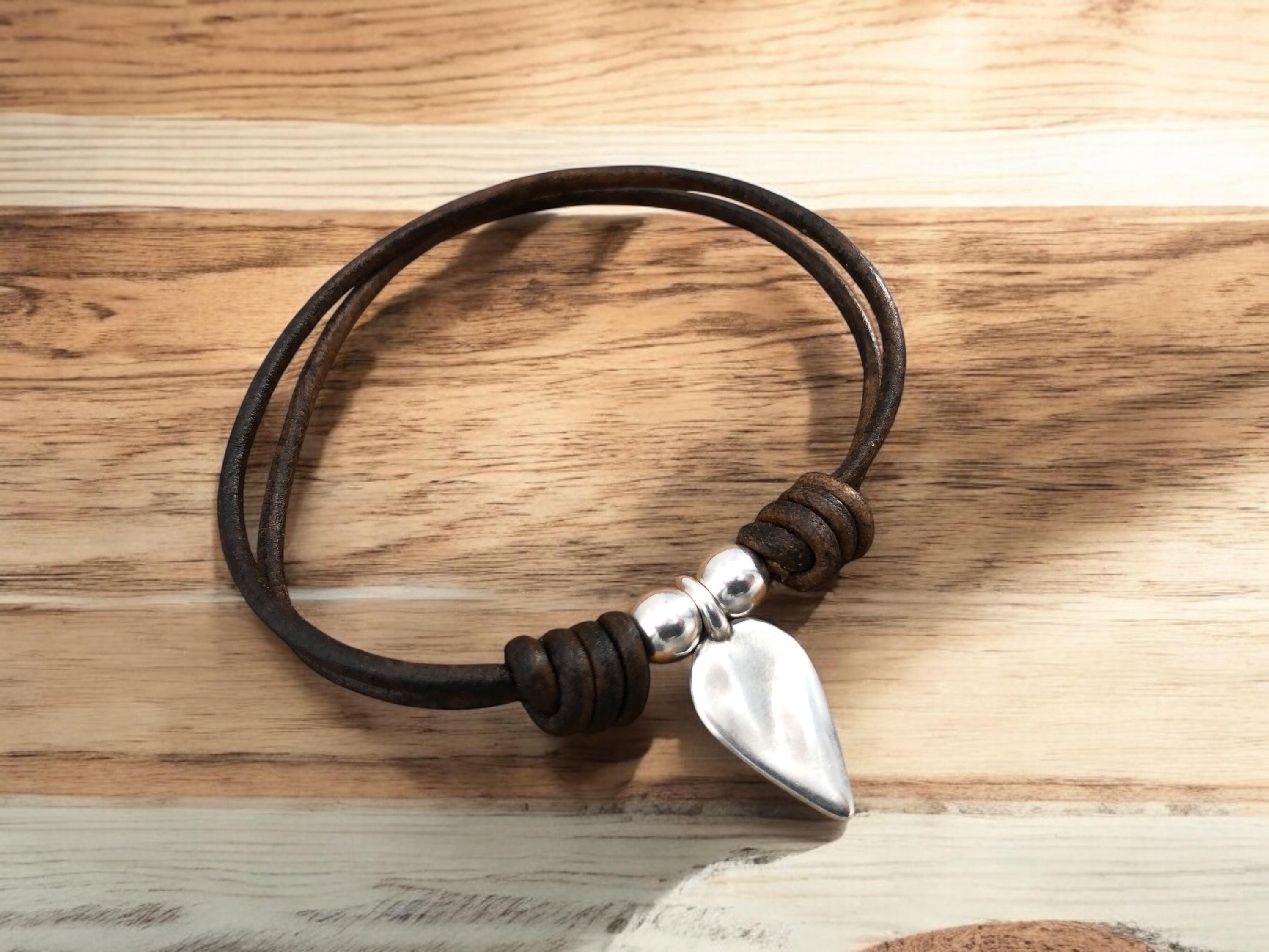 Handmade Leather Heart Charm Bracelet, Silver Plated Bohemian Tribal Style