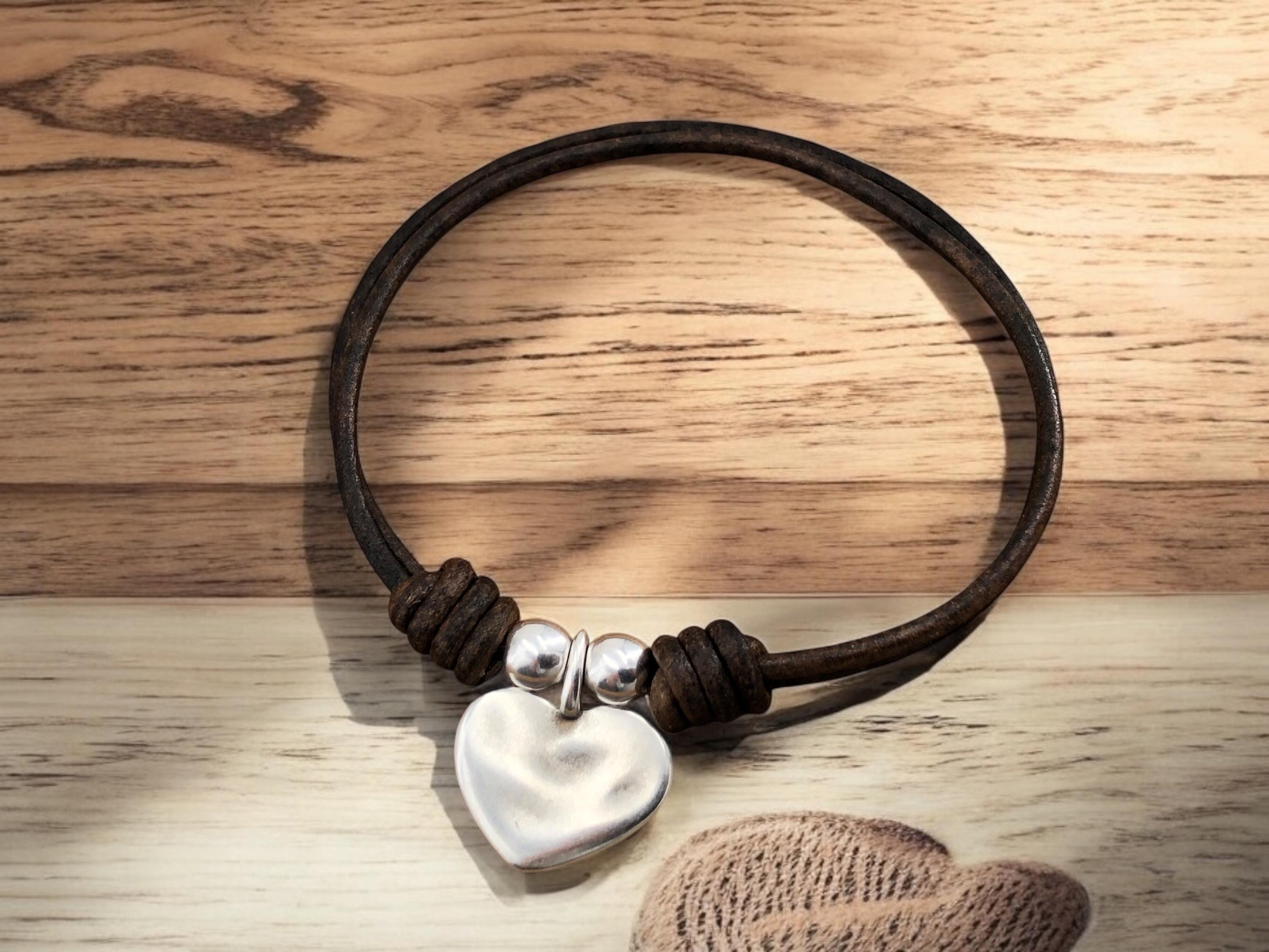 Handmade Leather Heart Charm Bracelet, Silver Plated Bohemian Tribal Style