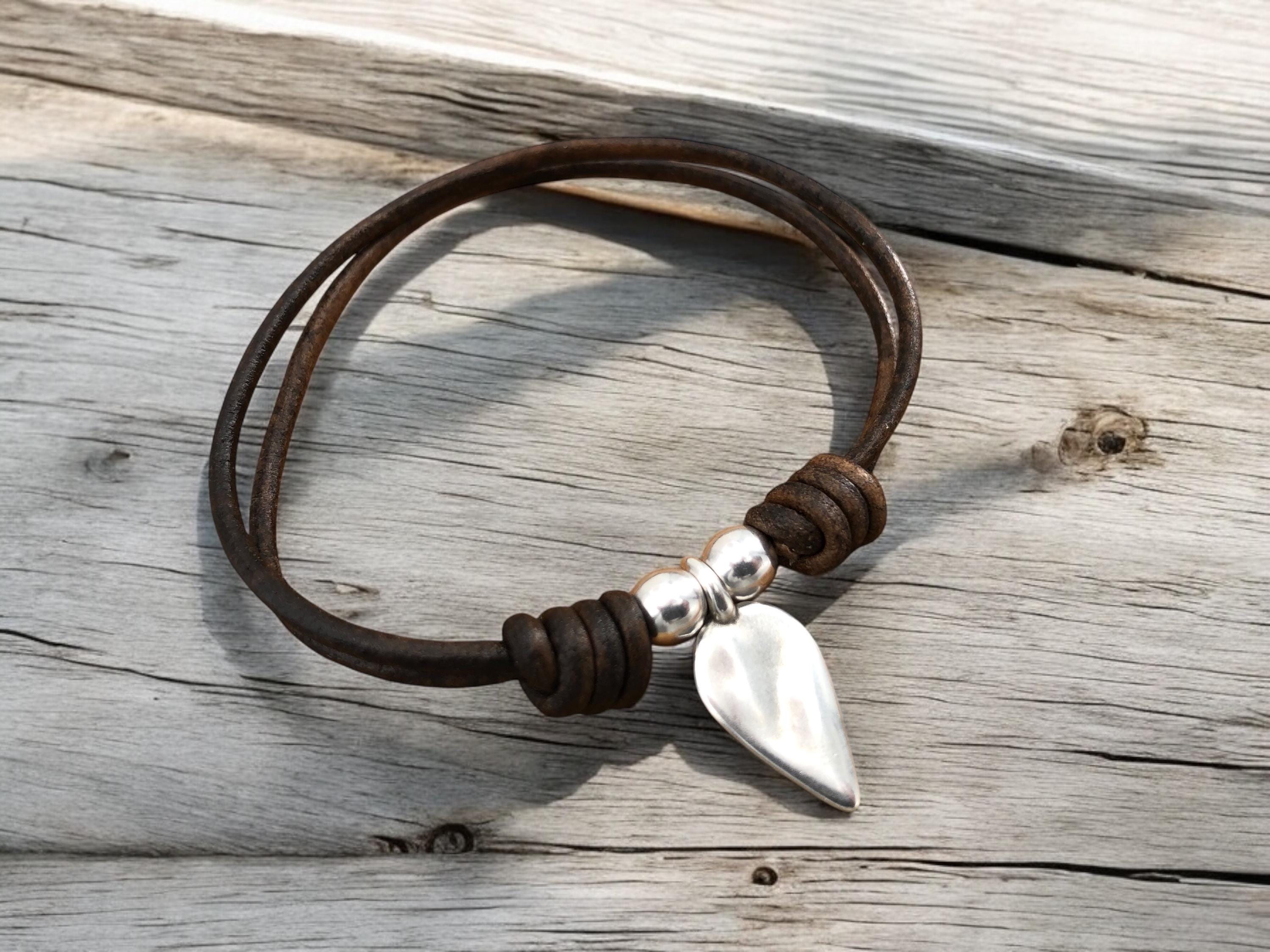 Handmade Leather Heart Charm Bracelet, Silver Plated Bohemian Tribal Style