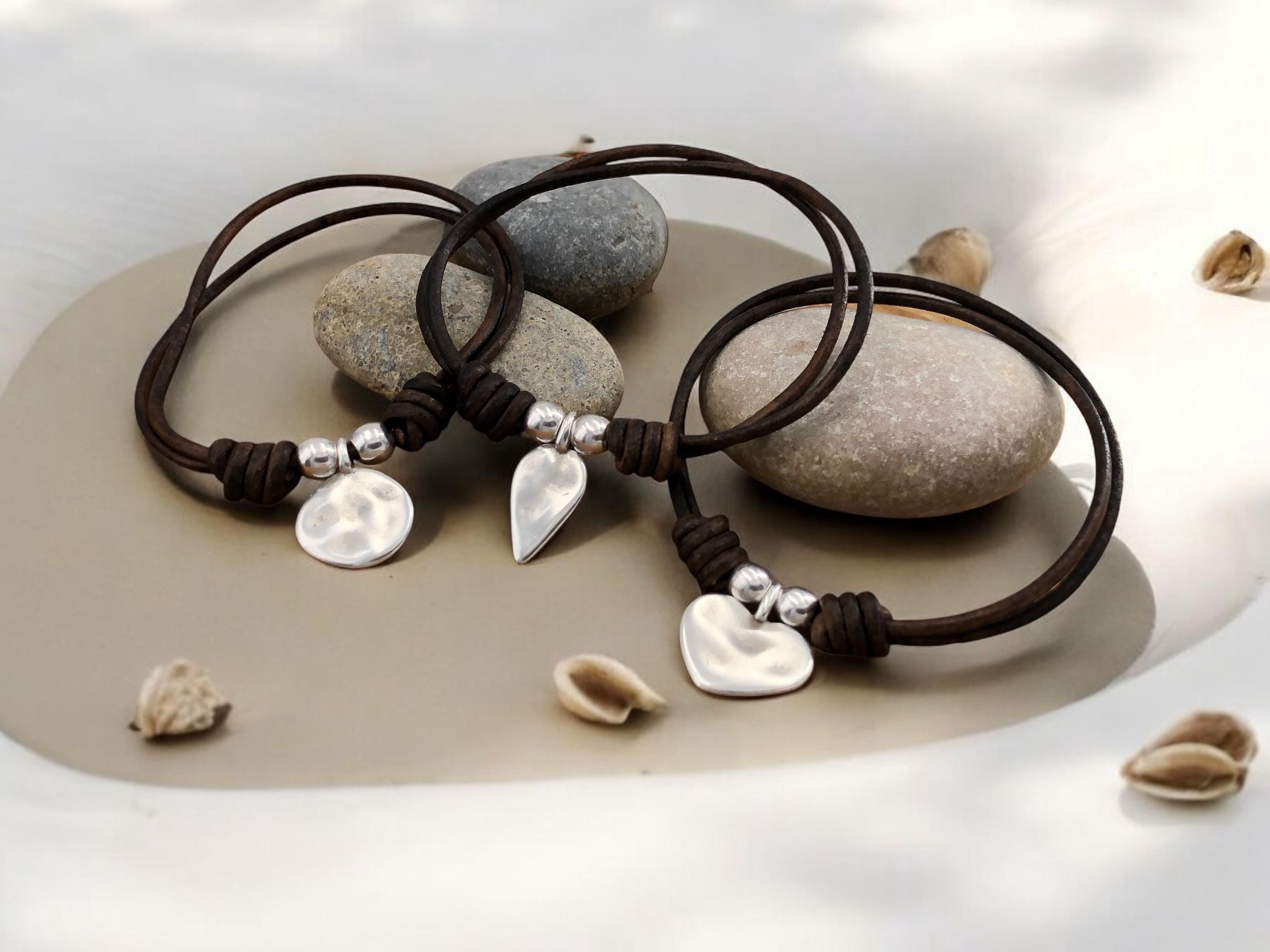 Handmade Leather Heart Charm Bracelet, Silver Plated Bohemian Tribal Style