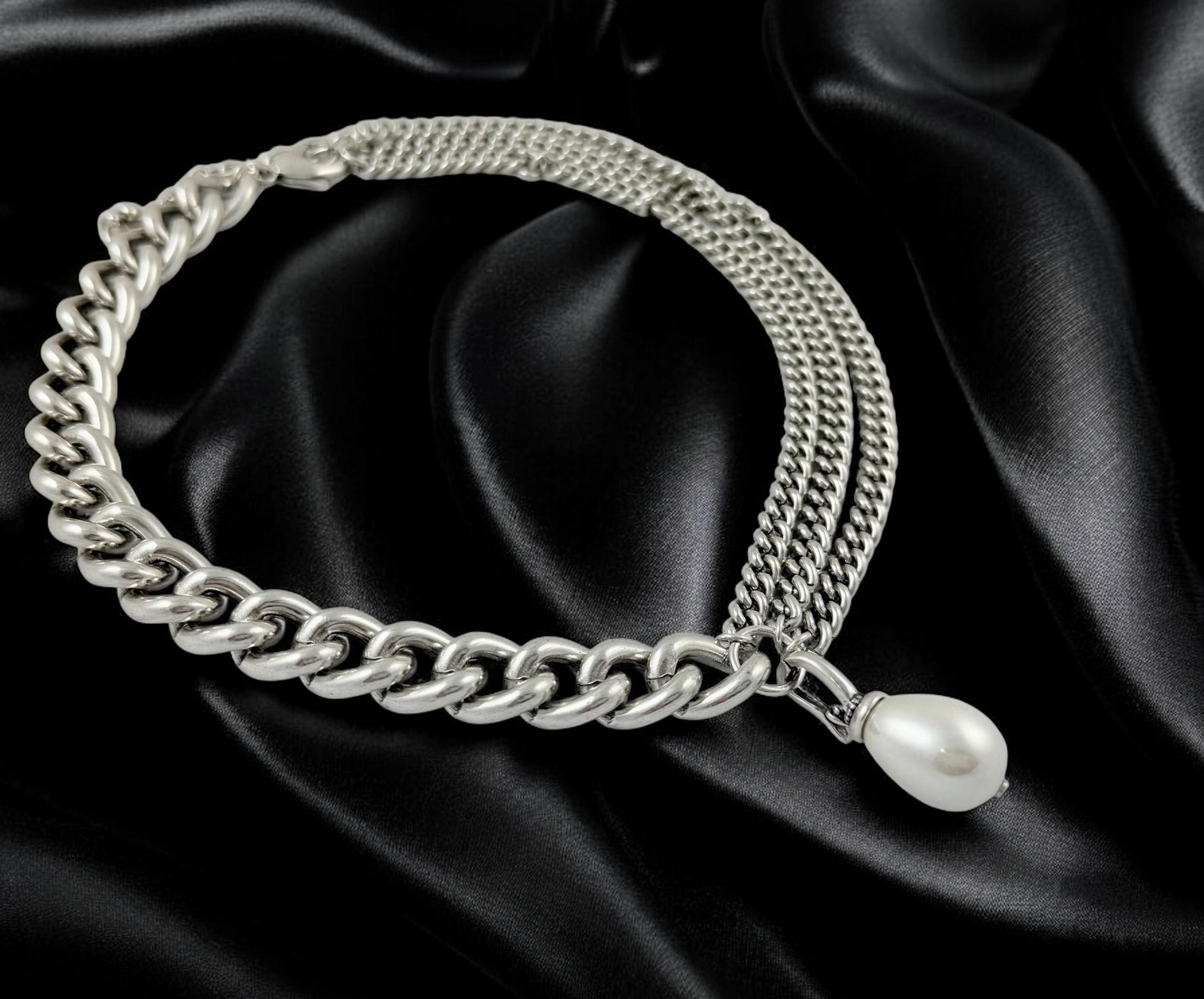 Asymmetrical Silver Necklace with Removable Baroque Pearl – Mixed Chain Design in Bold Contemporary Style, uno de 50 style, handmade jewelry