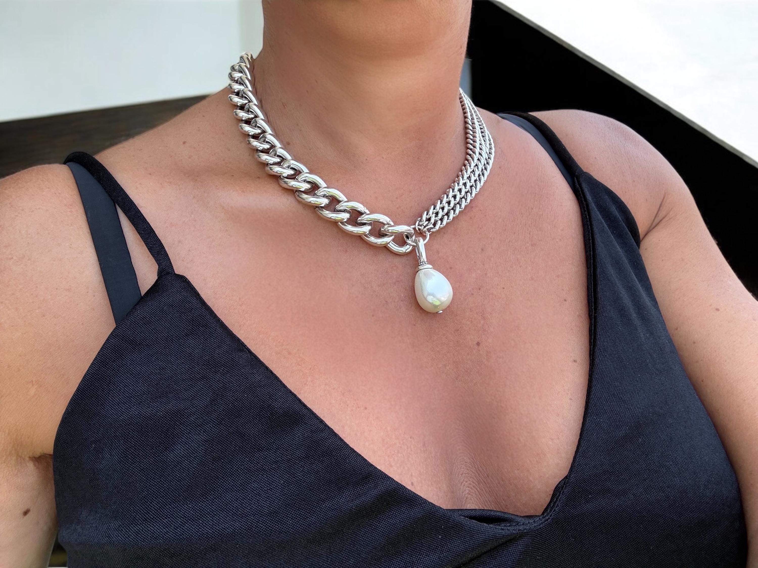 Asymmetrical Silver Necklace with Removable Baroque Pearl – Mixed Chain Design in Bold Contemporary Style, uno de 50 style, handmade jewelry
