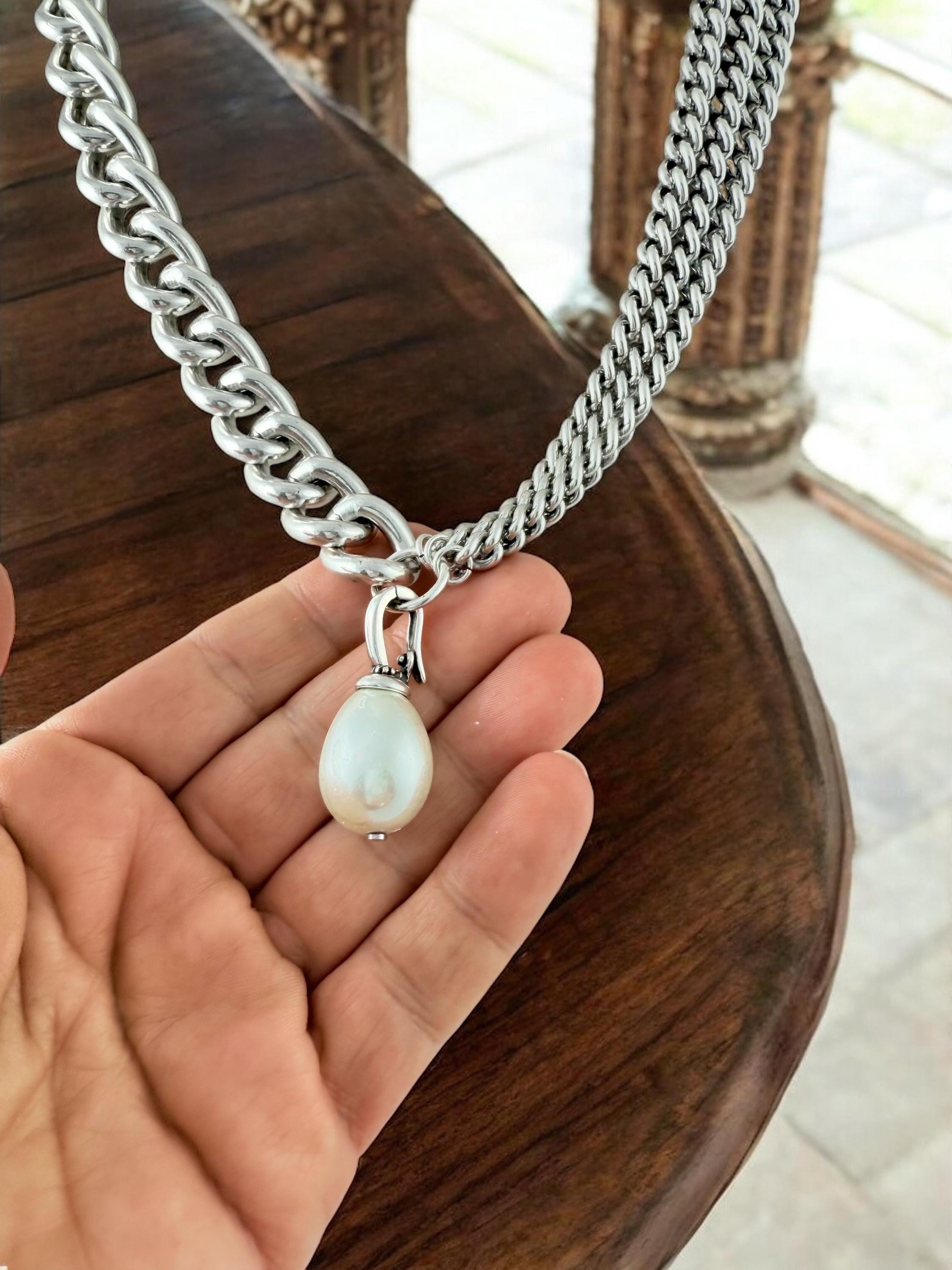 Asymmetrical Silver Necklace with Removable Baroque Pearl – Mixed Chain Design in Bold Contemporary Style, uno de 50 style, handmade jewelry