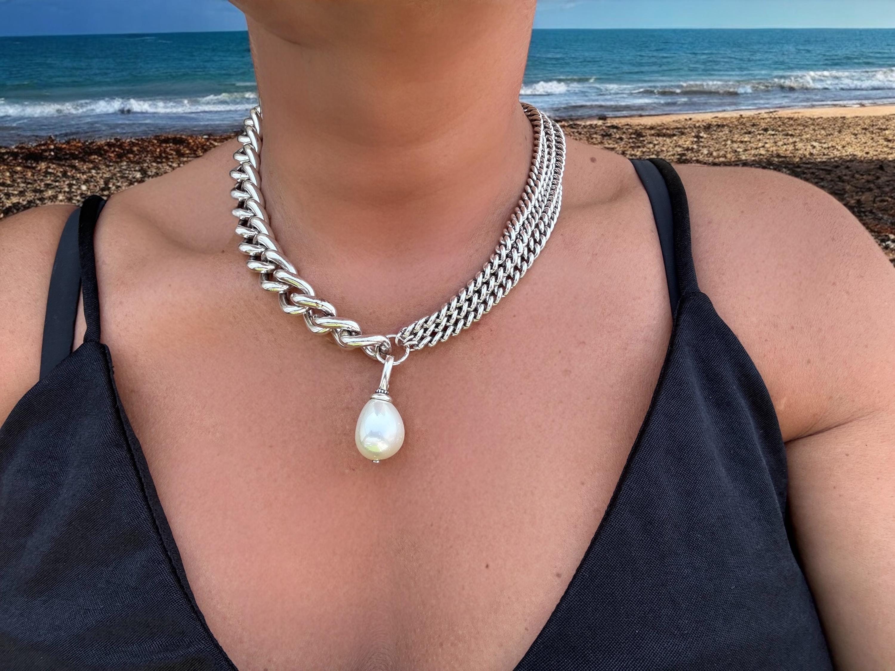 Asymmetrical Silver Necklace with Removable Baroque Pearl – Mixed Chain Design in Bold Contemporary Style, uno de 50 style, handmade jewelry