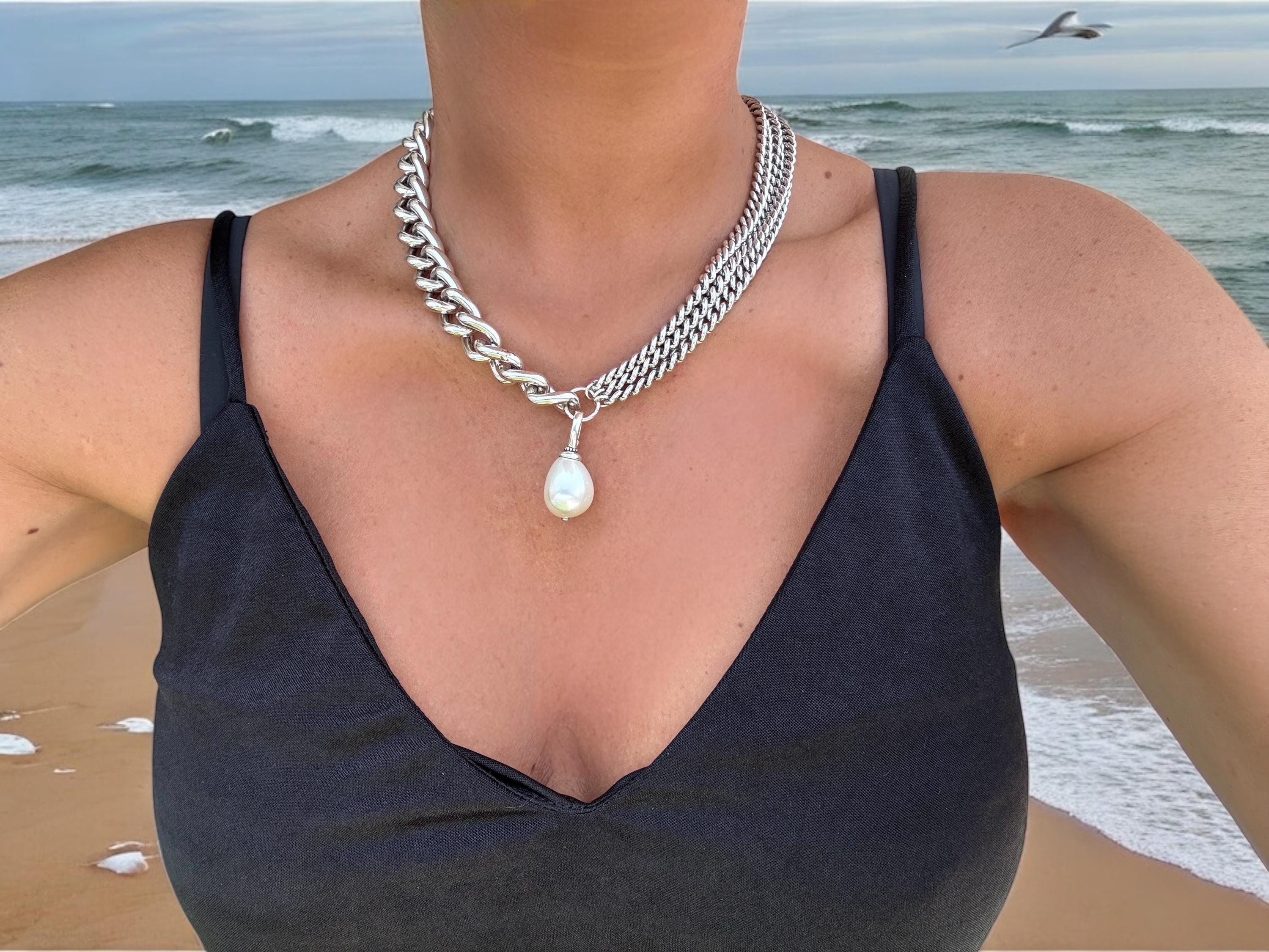 Asymmetrical Silver Necklace with Removable Baroque Pearl – Mixed Chain Design in Bold Contemporary Style, uno de 50 style, handmade jewelry