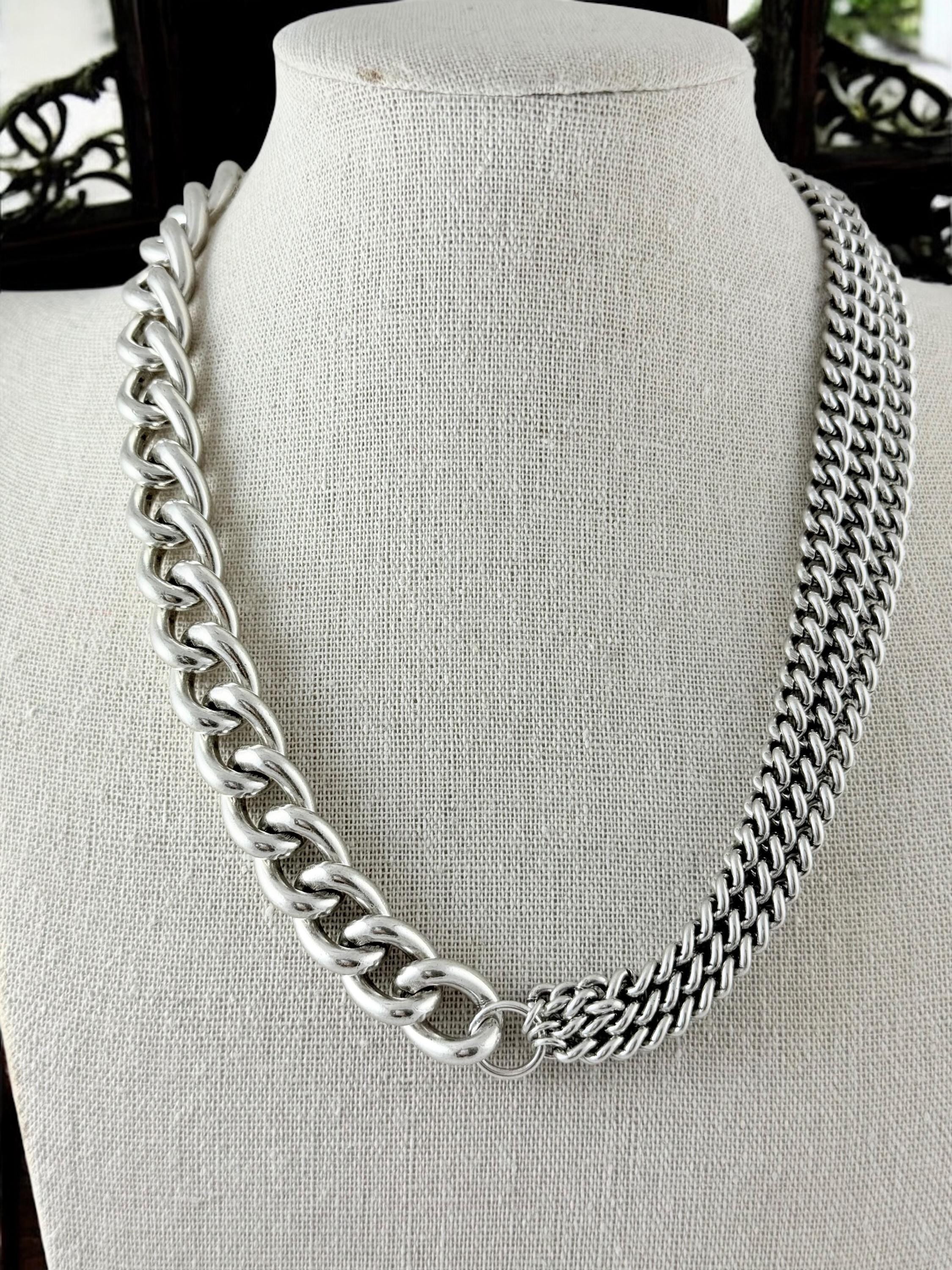 Asymmetrical Silver Necklace with Removable Baroque Pearl – Mixed Chain Design in Bold Contemporary Style, uno de 50 style, handmade jewelry