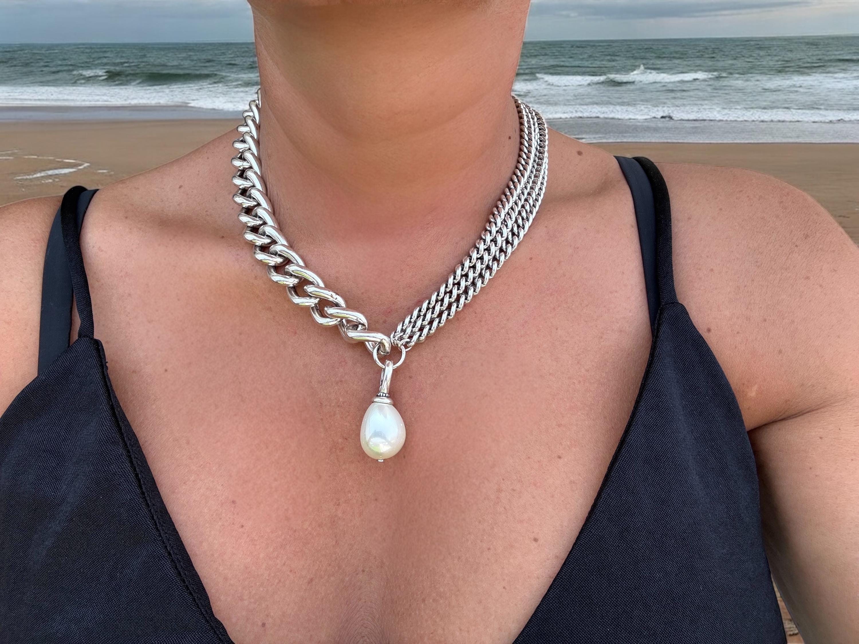 Asymmetrical Silver Necklace with Removable Baroque Pearl – Mixed Chain Design in Bold Contemporary Style, uno de 50 style, handmade jewelry