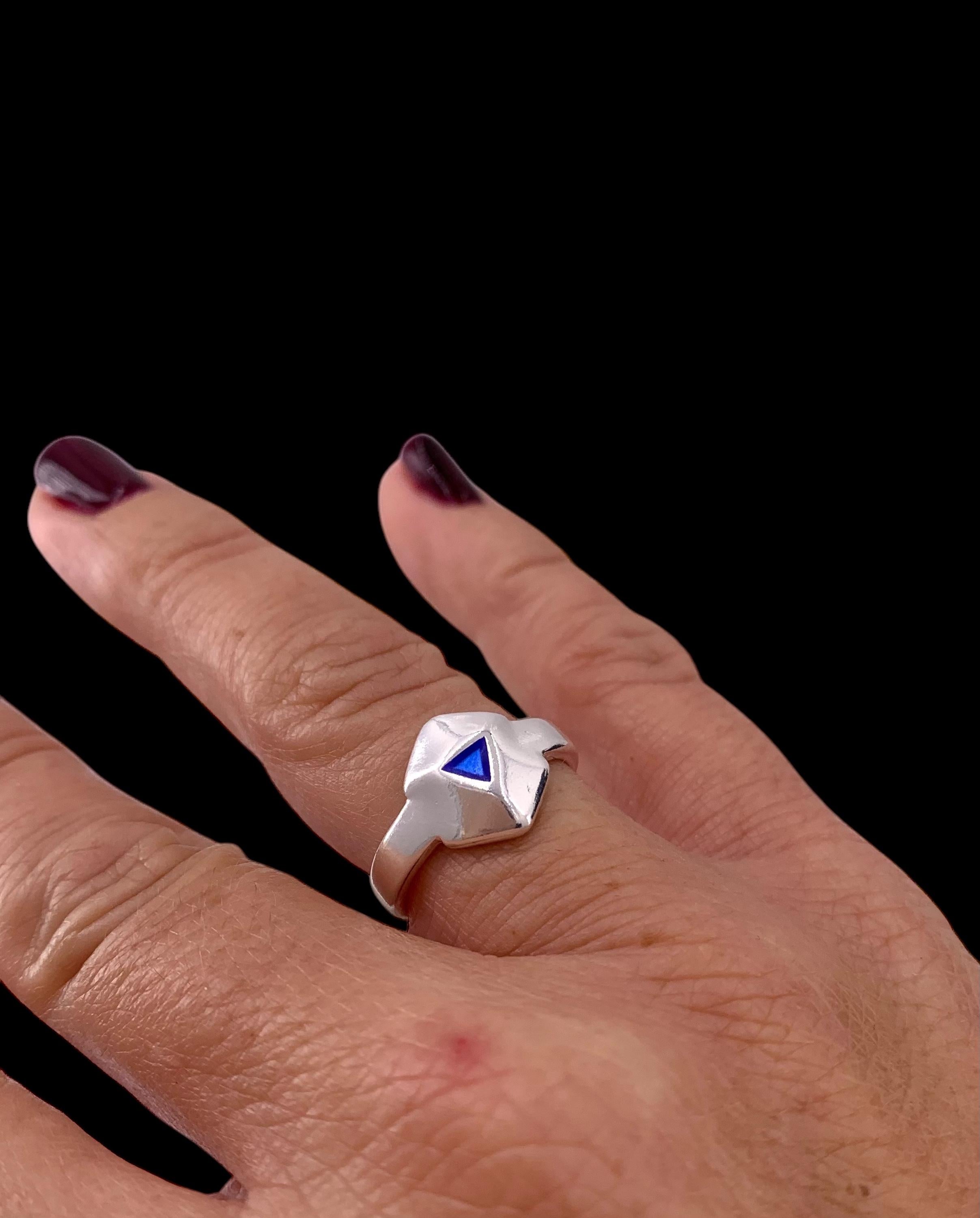 Chunky Geometric Silver Ring – Bold Open Hexagon Design with Blue Enamel – Adjustable Statement Band Inspired by Uno de 50 - gift for her