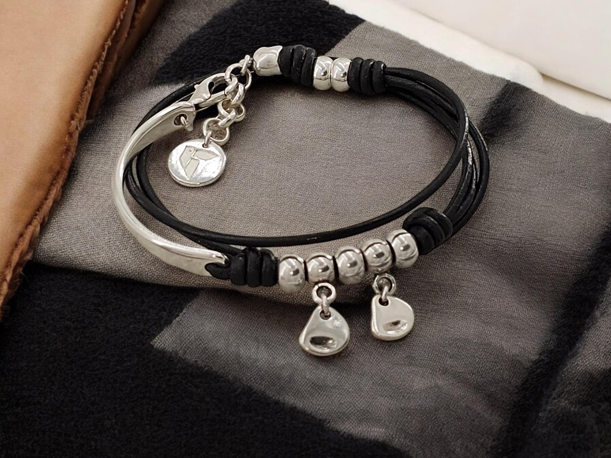 Boho Double-Wrap Leather Bracelet – Silver-Plated Half Cuff & Charms – Handmade Uno de 50 Style Jewelry - gift for her - layering design