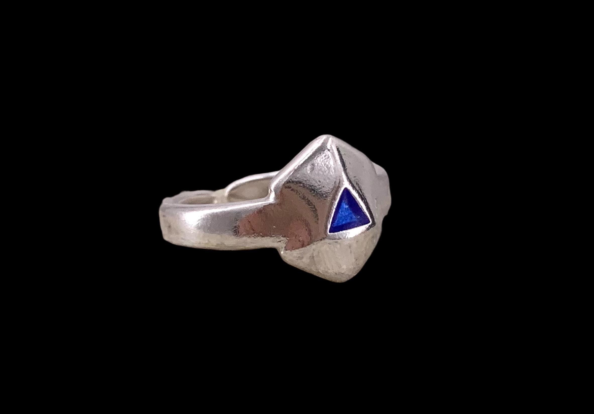 Chunky Geometric Silver Ring – Bold Open Hexagon Design with Blue Enamel – Adjustable Statement Band Inspired by Uno de 50 - gift for her