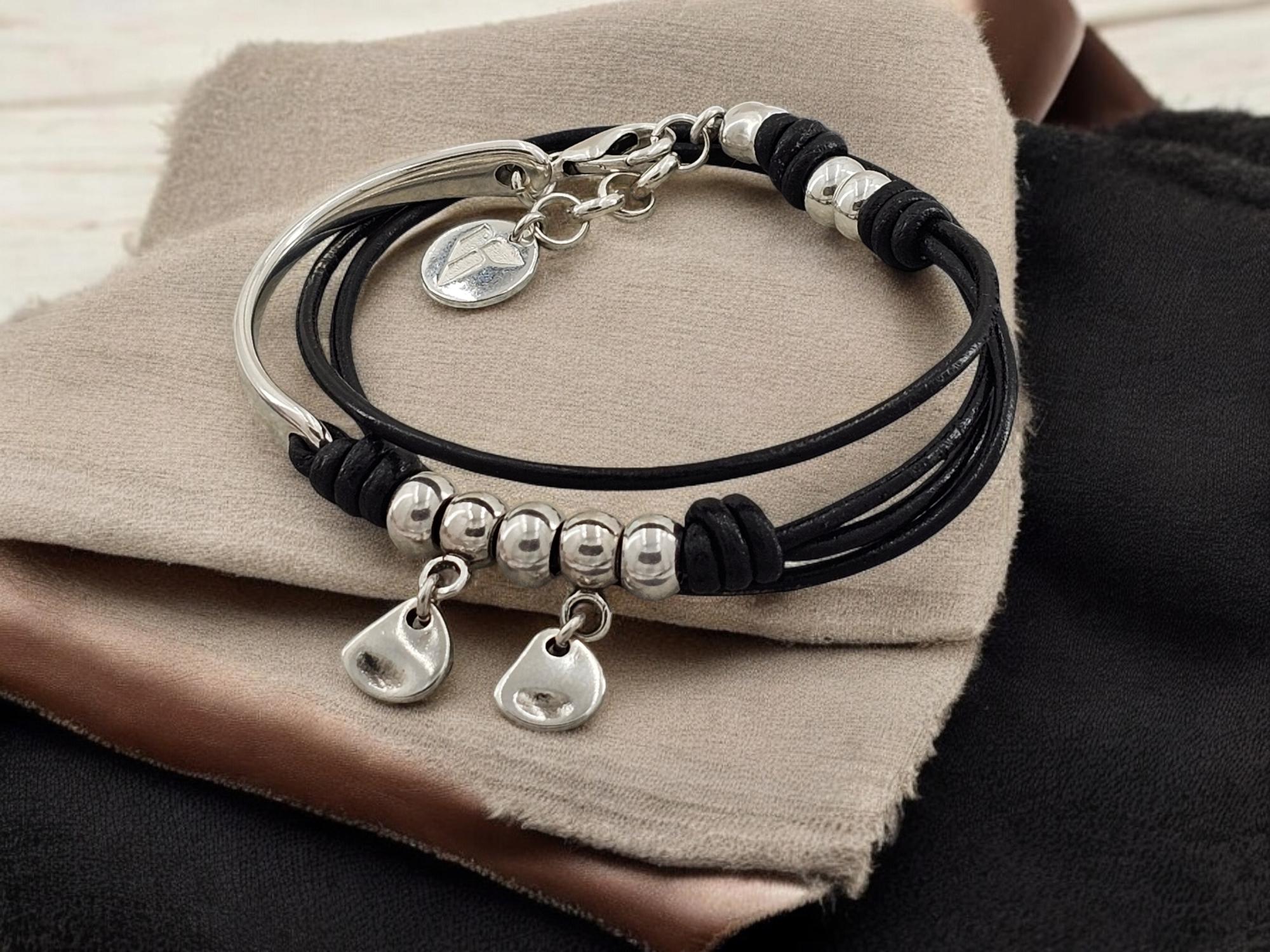 Boho Double-Wrap Leather Bracelet – Silver-Plated Half Cuff & Charms – Handmade Uno de 50 Style Jewelry - gift for her - layering design