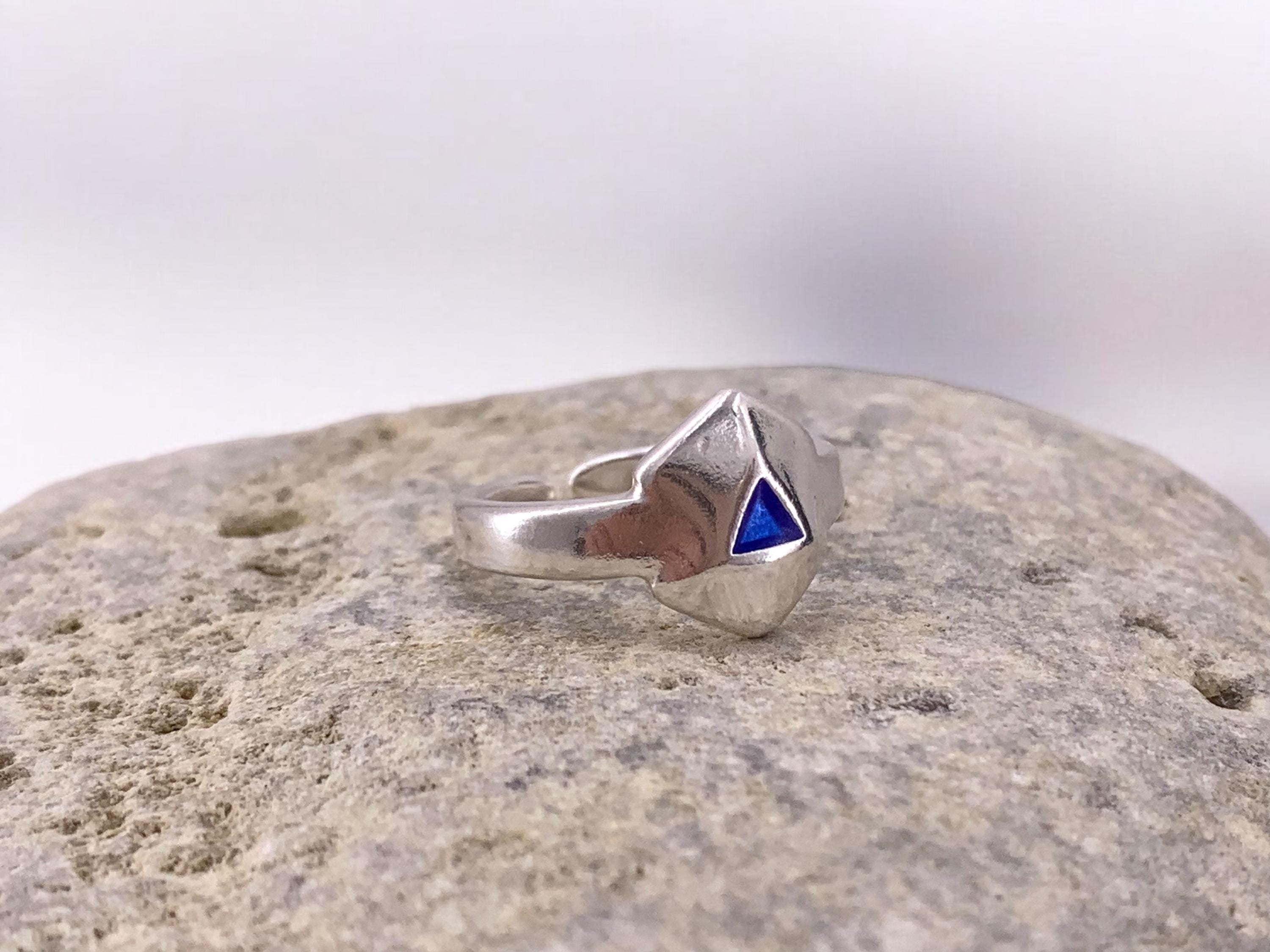 Chunky Geometric Silver Ring – Bold Open Hexagon Design with Blue Enamel – Adjustable Statement Band Inspired by Uno de 50 - gift for her