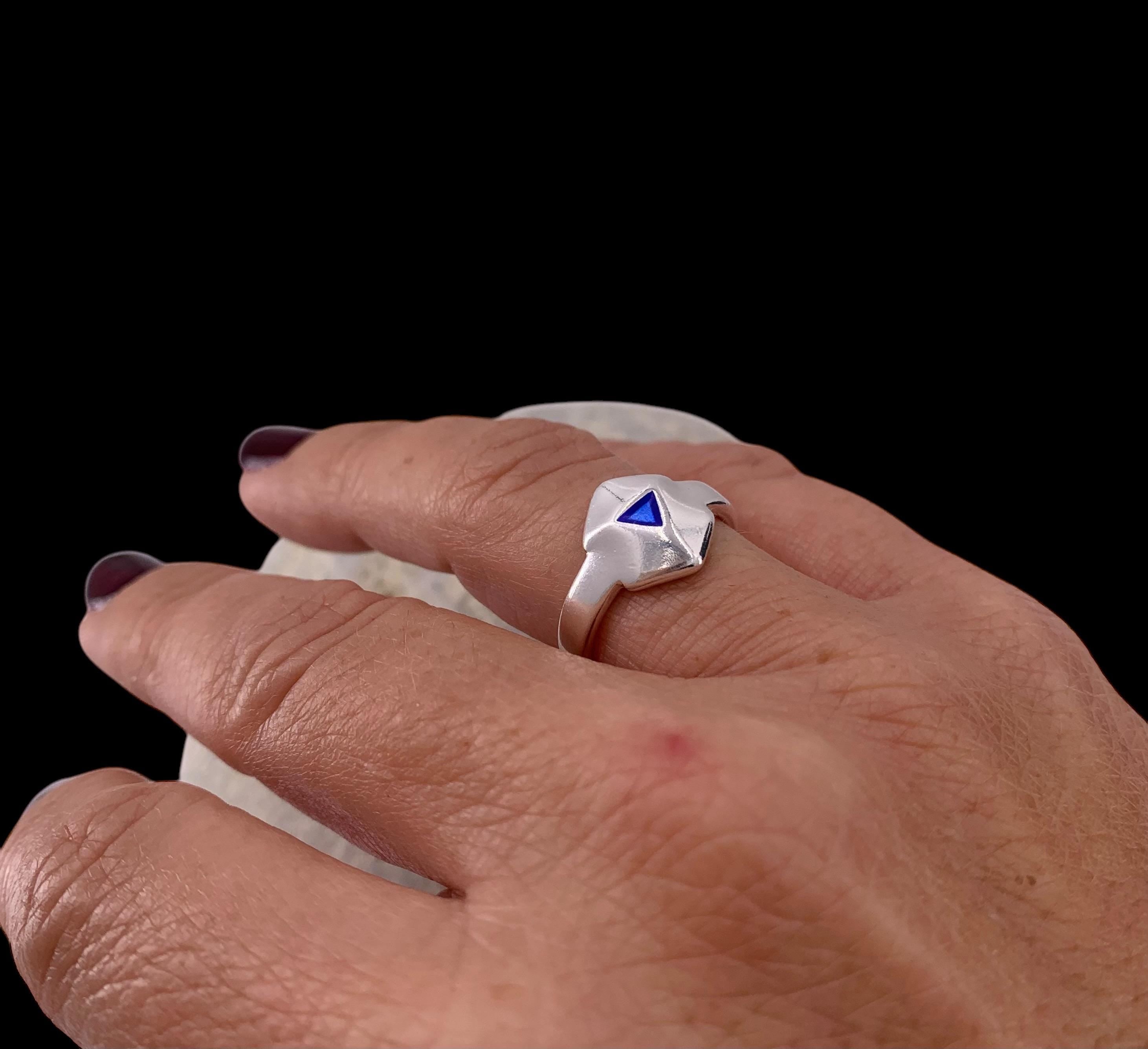 Chunky Geometric Silver Ring – Bold Open Hexagon Design with Blue Enamel – Adjustable Statement Band Inspired by Uno de 50 - gift for her