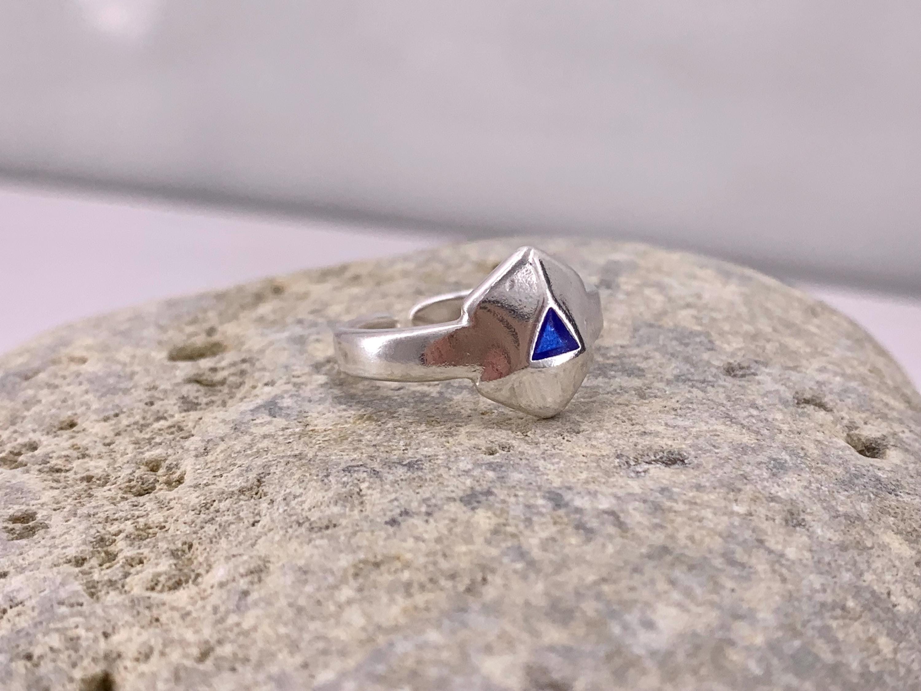 Chunky Geometric Silver Ring – Bold Open Hexagon Design with Blue Enamel – Adjustable Statement Band Inspired by Uno de 50 - gift for her
