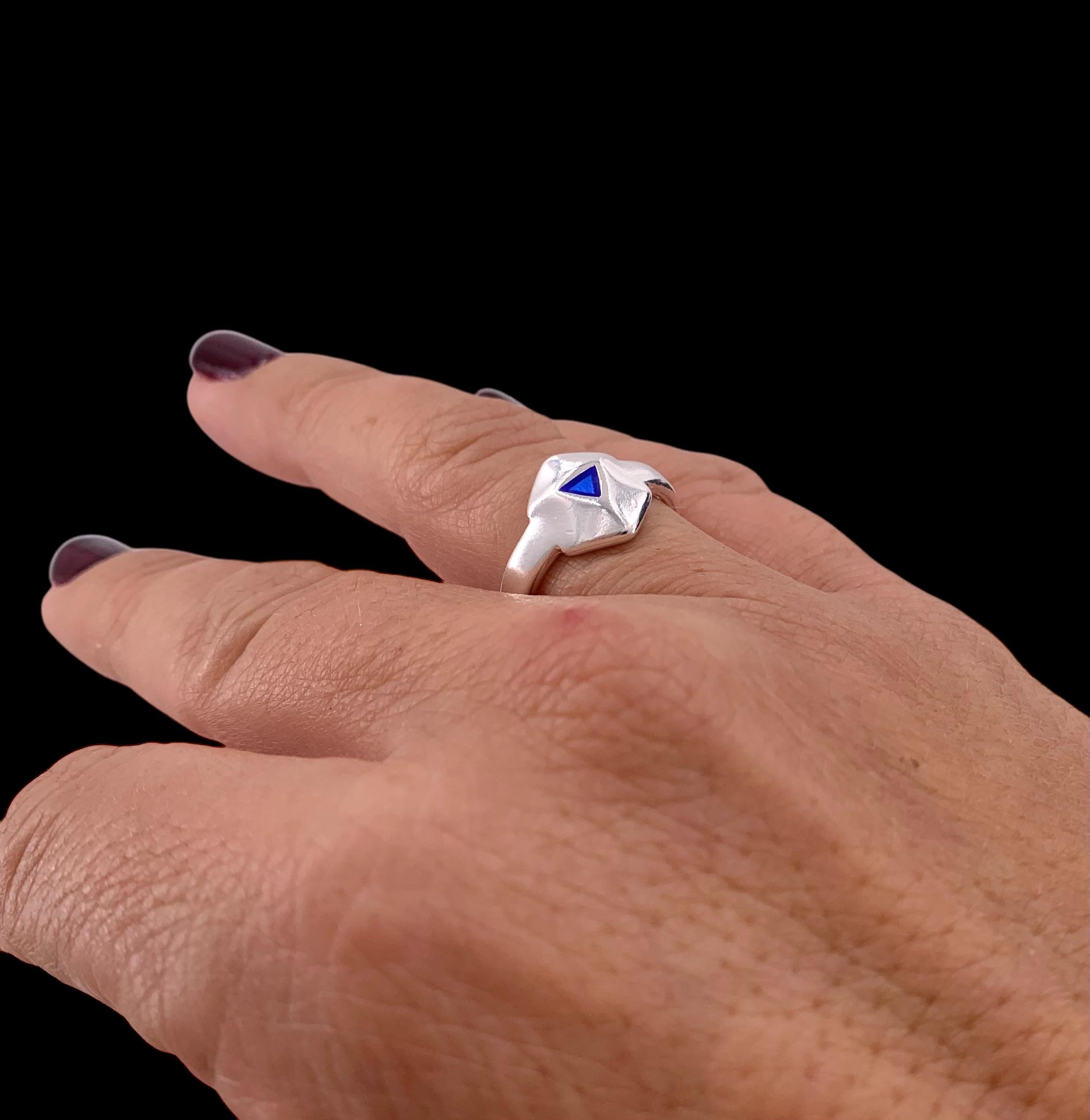 Chunky Geometric Silver Ring – Bold Open Hexagon Design with Blue Enamel – Adjustable Statement Band Inspired by Uno de 50 - gift for her