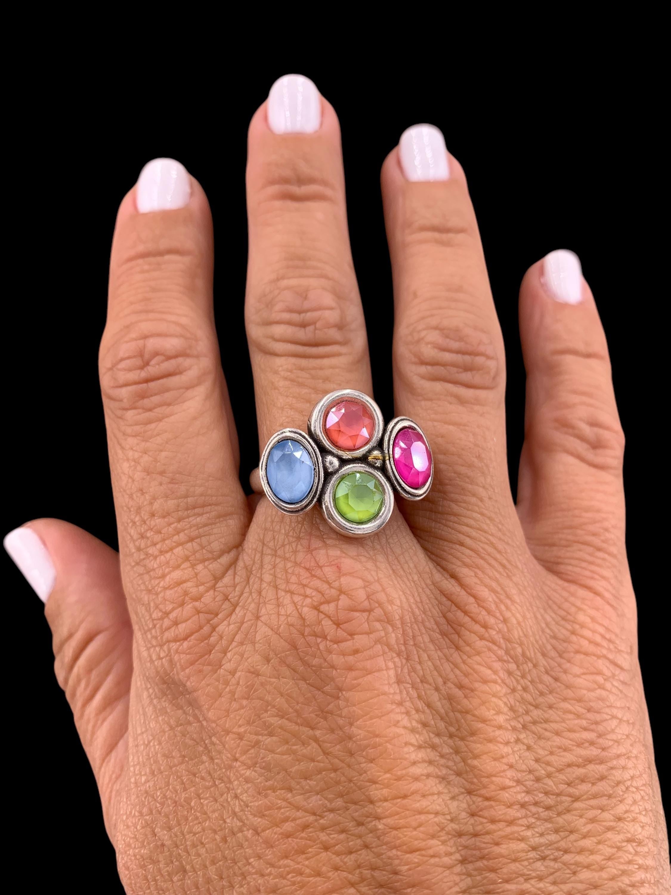 Chunky Swarovski Crystal Ring – Adjustable Silver Statement Band – Colorful Gemstone Uno de 50 Style - oversized jewelry- gift for her