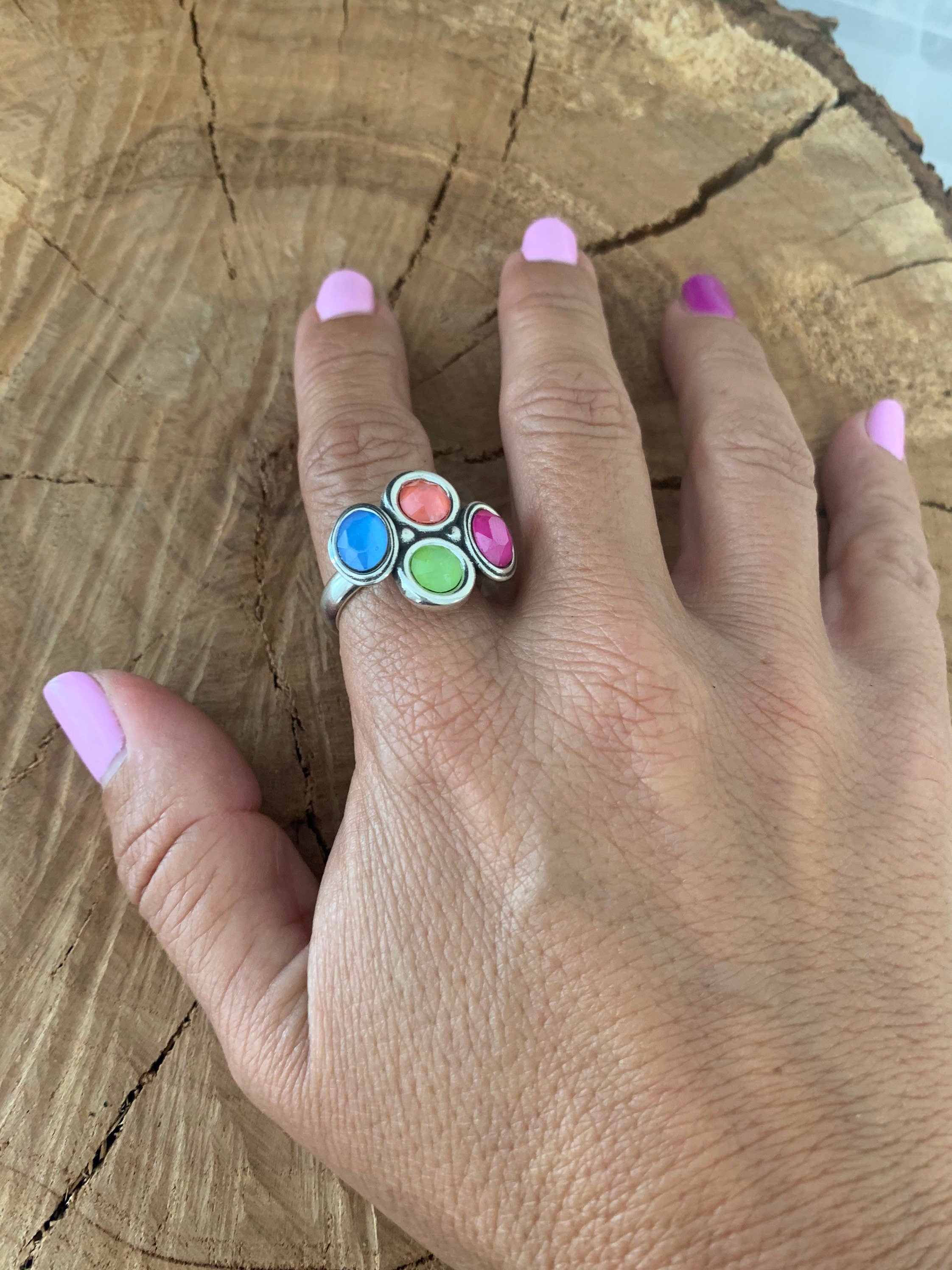 Chunky Swarovski Crystal Ring – Adjustable Silver Statement Band – Colorful Gemstone Uno de 50 Style - oversized jewelry- gift for her