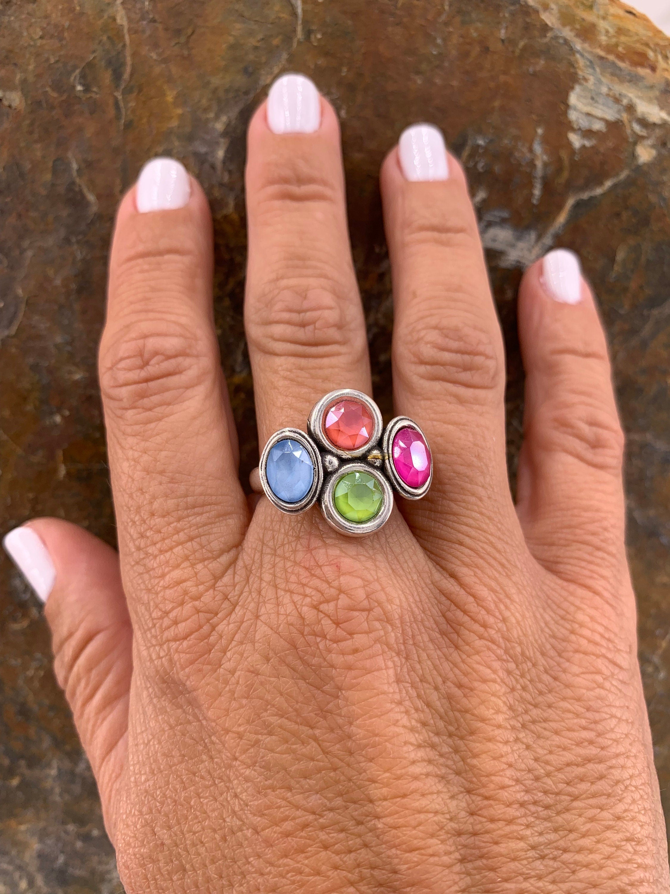 Chunky Swarovski Crystal Ring – Adjustable Silver Statement Band – Colorful Gemstone Uno de 50 Style - oversized jewelry- gift for her