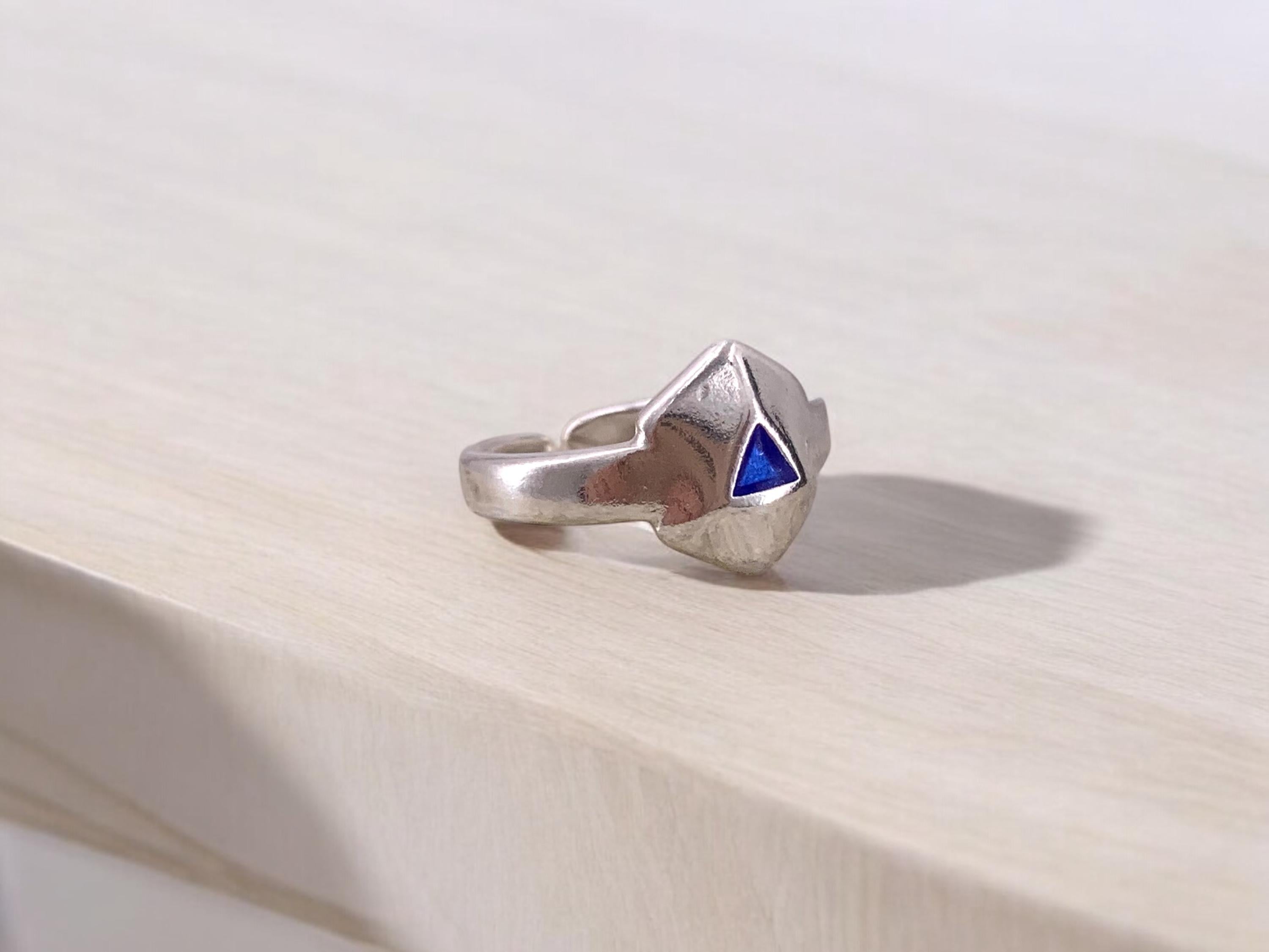Chunky Geometric Silver Ring – Bold Open Hexagon Design with Blue Enamel – Adjustable Statement Band Inspired by Uno de 50 - gift for her
