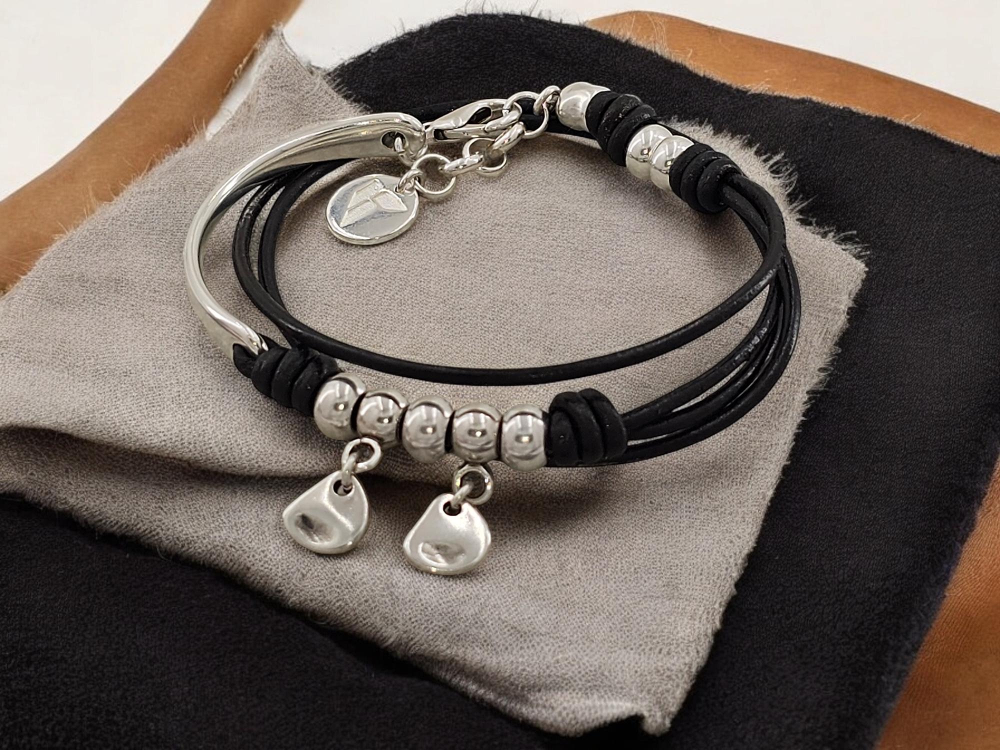 Boho Double-Wrap Leather Bracelet – Silver-Plated Half Cuff & Charms – Handmade Uno de 50 Style Jewelry - gift for her - layering design