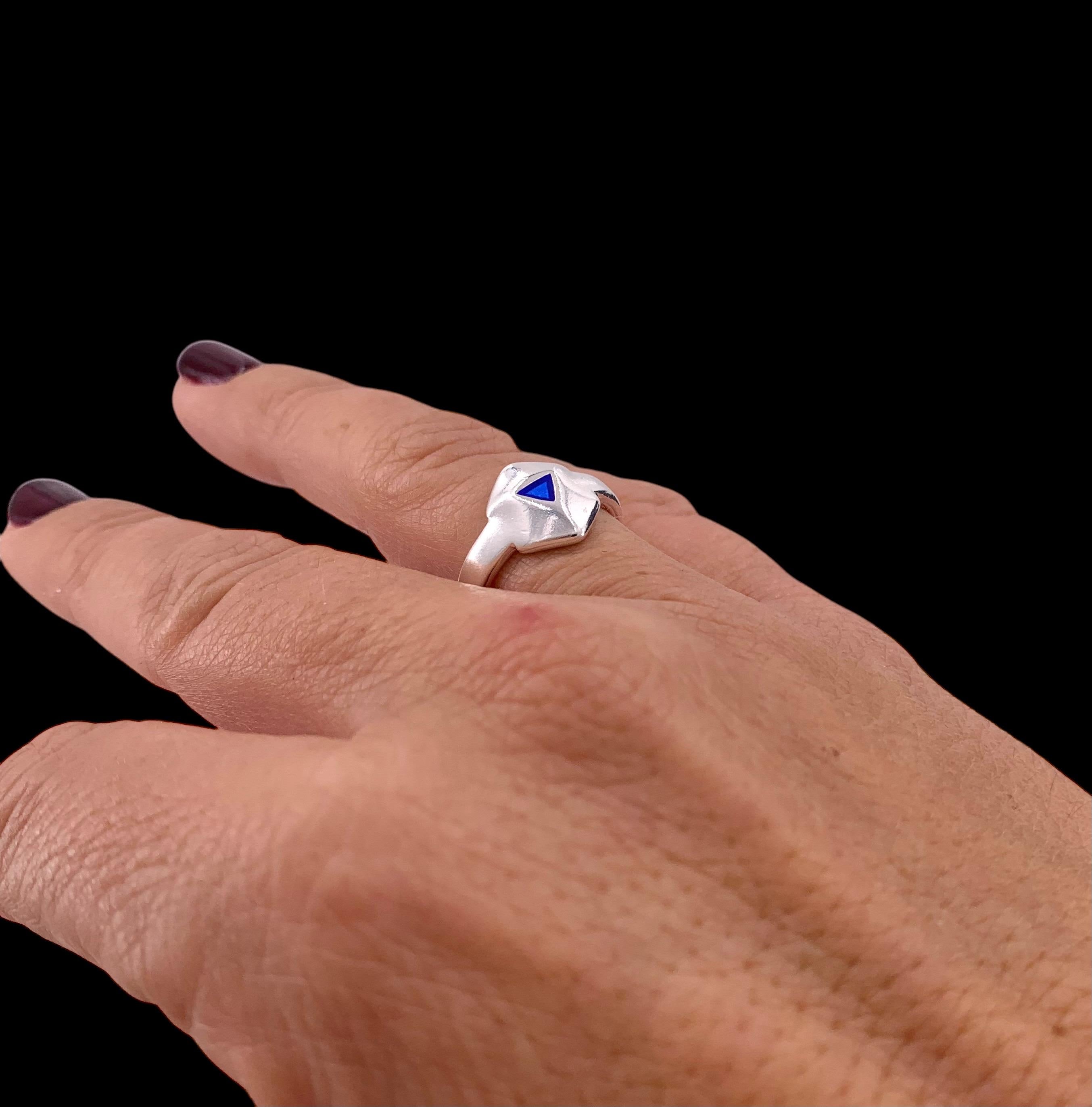 Chunky Geometric Silver Ring – Bold Open Hexagon Design with Blue Enamel – Adjustable Statement Band Inspired by Uno de 50 - gift for her