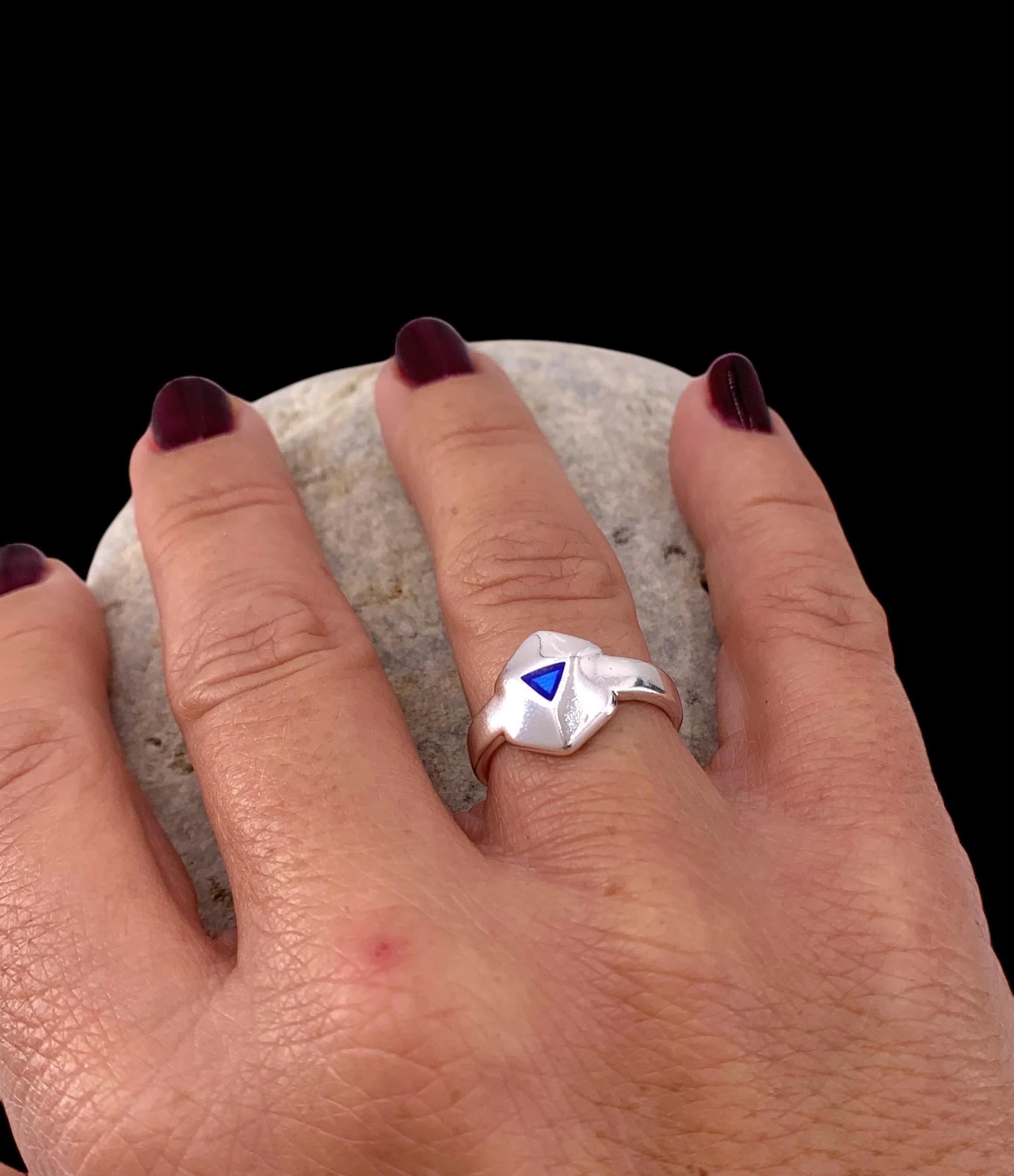 Chunky Geometric Silver Ring – Bold Open Hexagon Design with Blue Enamel – Adjustable Statement Band Inspired by Uno de 50 - gift for her