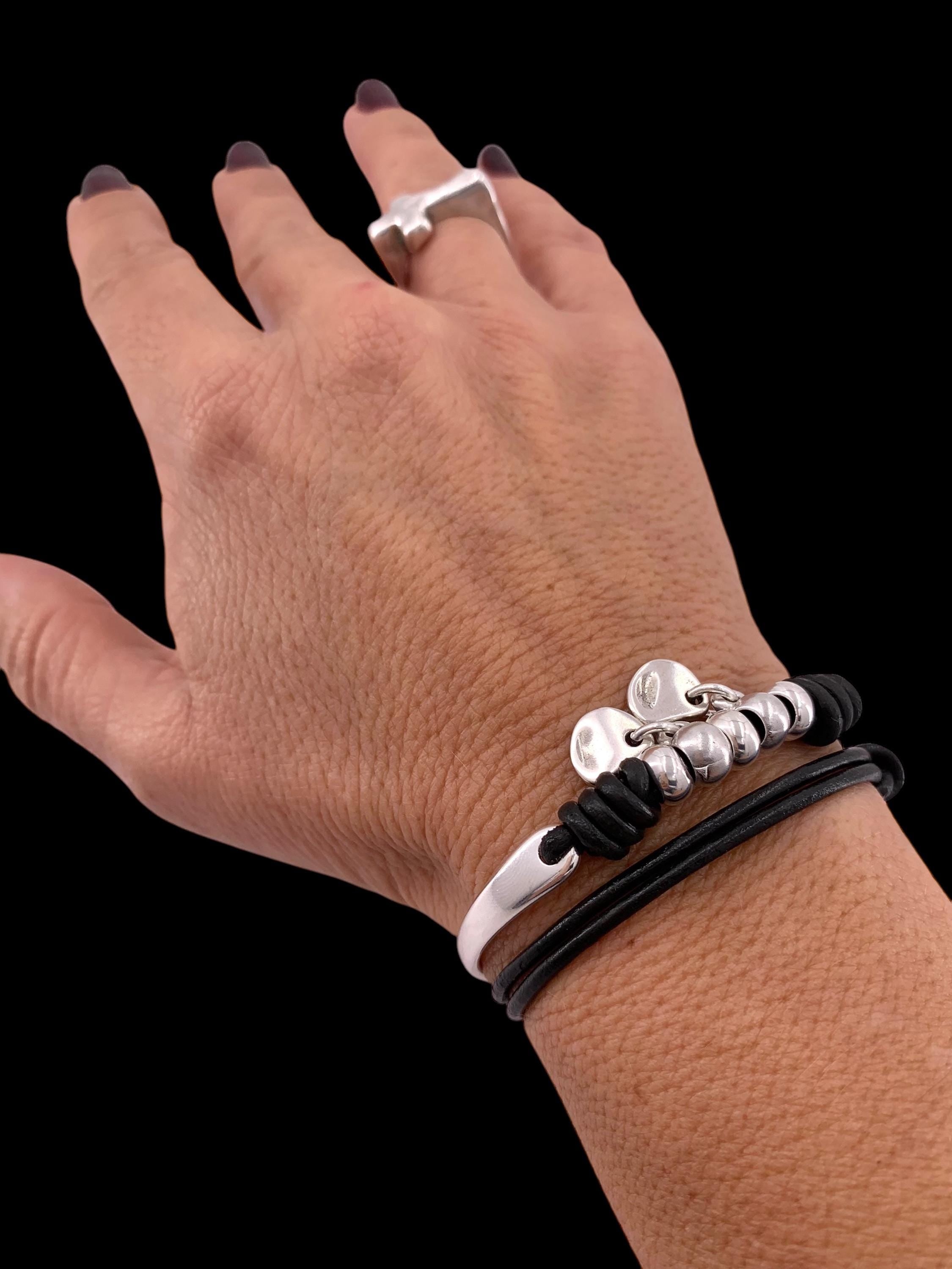 Boho Double-Wrap Leather Bracelet – Silver-Plated Half Cuff & Charms – Handmade Uno de 50 Style Jewelry - gift for her - layering design