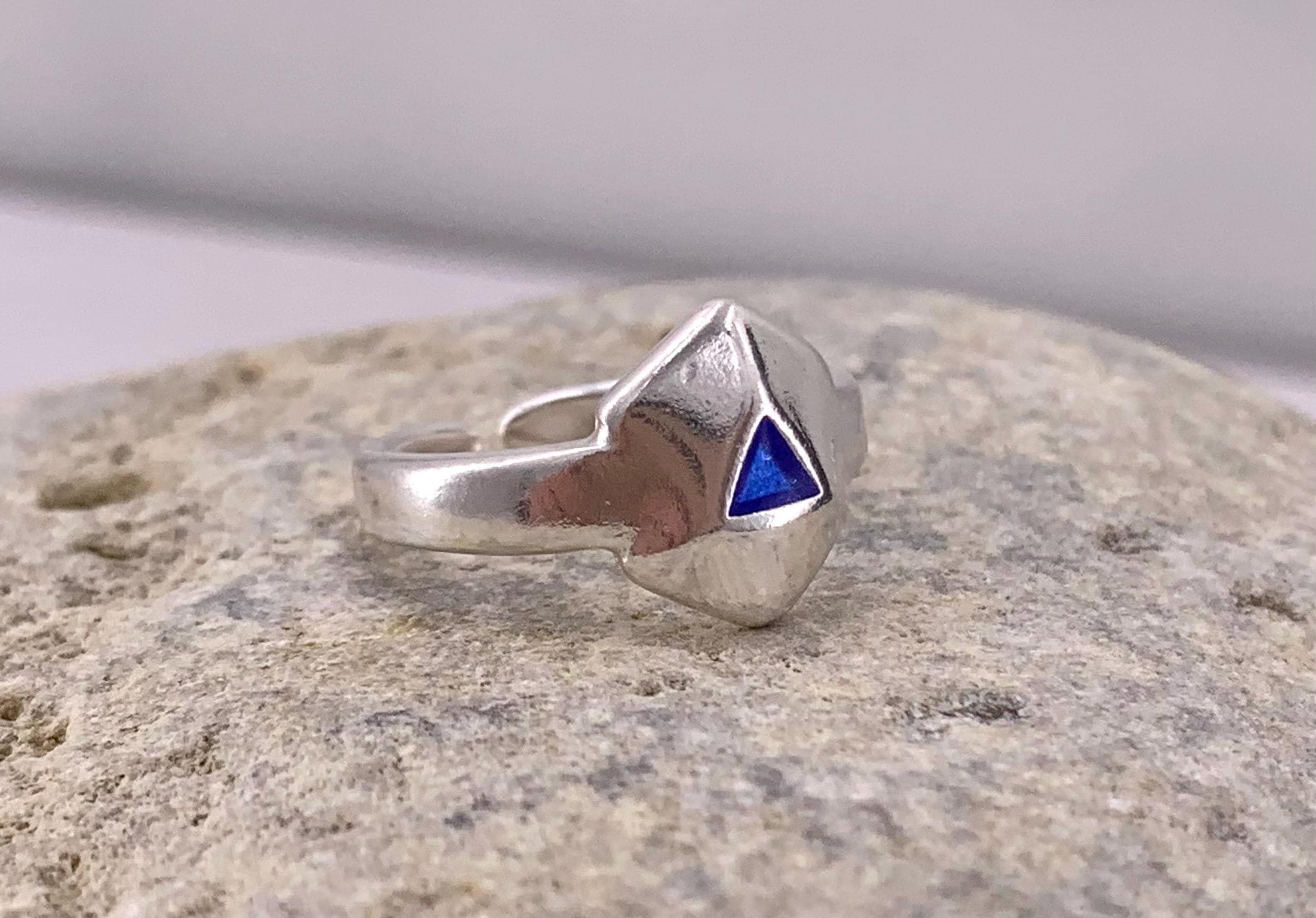 Chunky Geometric Silver Ring – Bold Open Hexagon Design with Blue Enamel – Adjustable Statement Band Inspired by Uno de 50 - gift for her