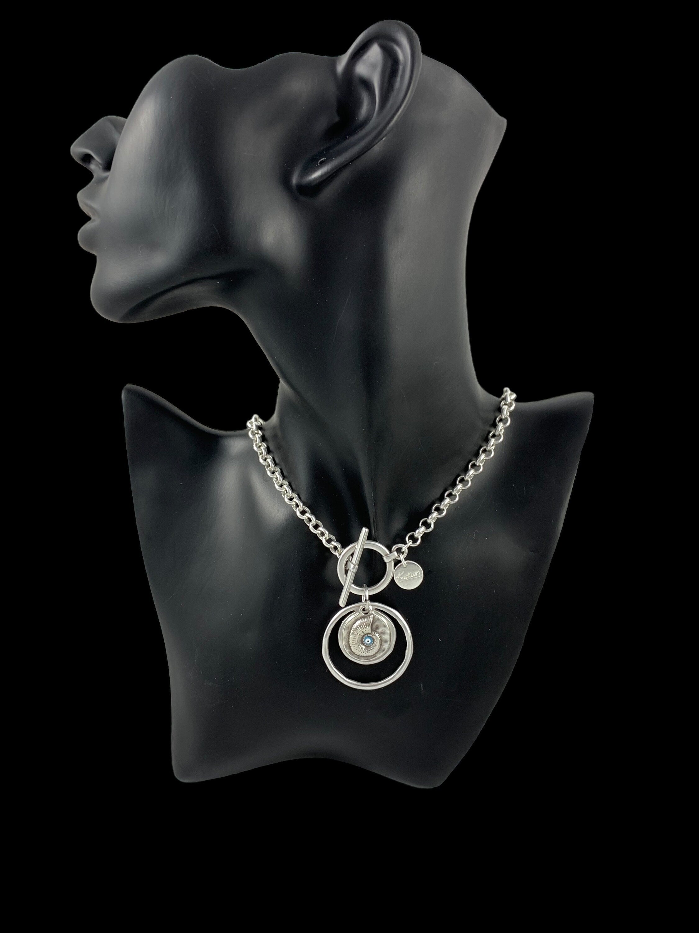 Statement circle pendant chunky silver chain toggle necklace, sisters gift, girlfriend unique birthday present, silver chain toggle necklace