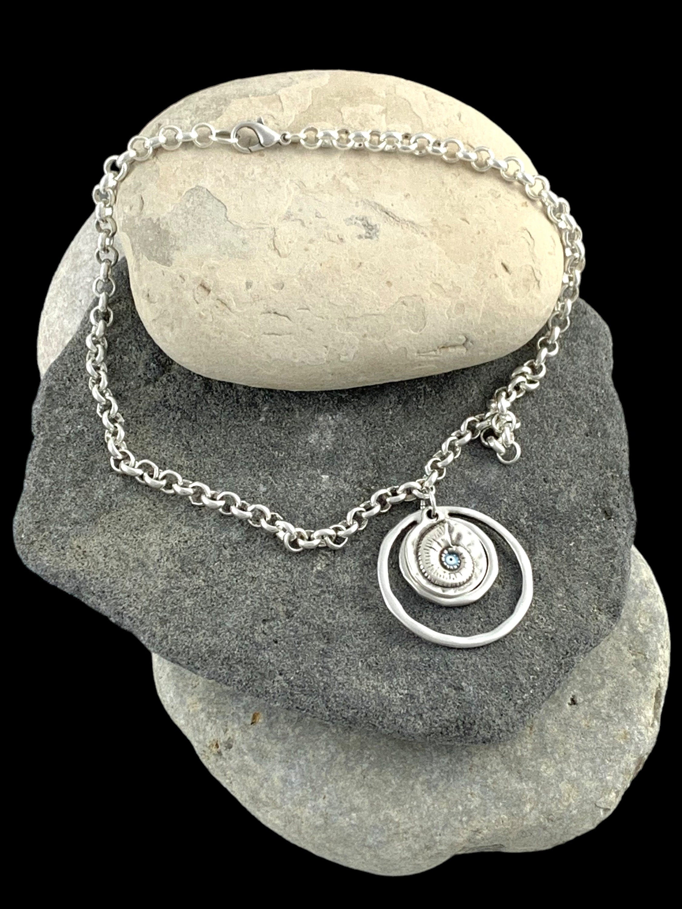 chunky silver rolo chain necklace with statement shell and circles pendant, bold chain necklace, unique birthday present for women,