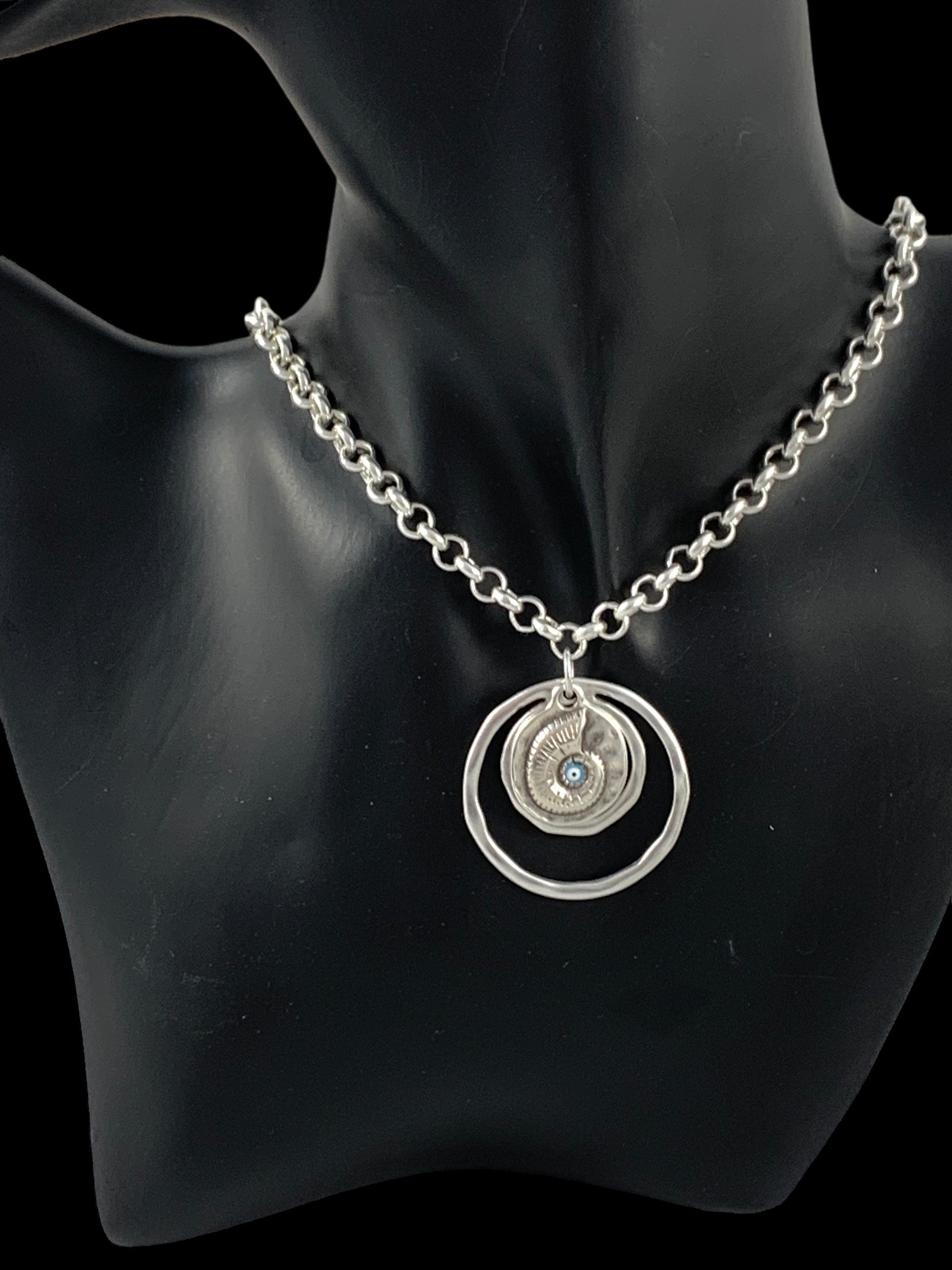 chunky silver rolo chain necklace with statement shell and circles pendant, bold chain necklace, unique birthday present for women,