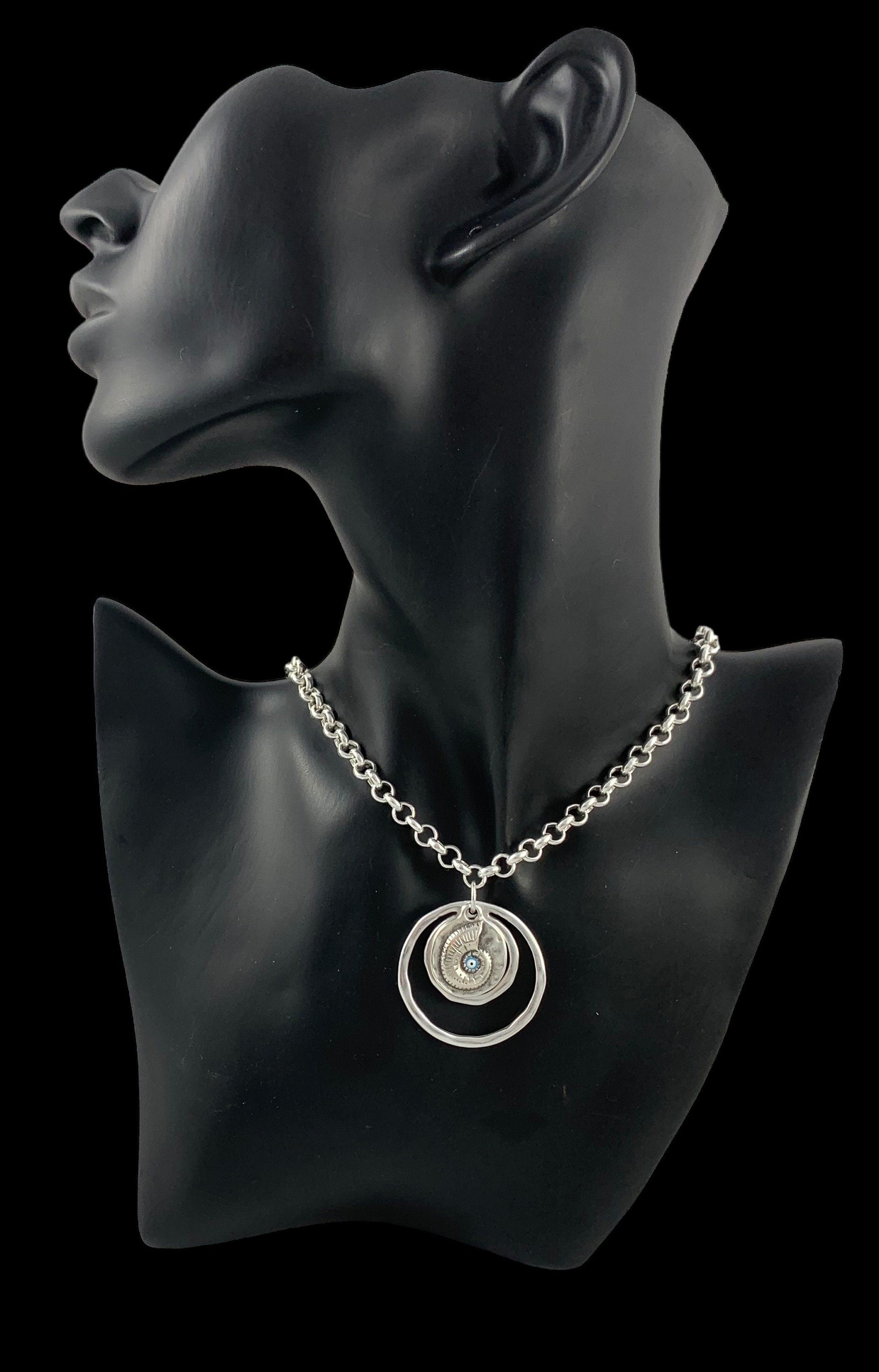 chunky silver rolo chain necklace with statement shell and circles pendant, bold chain necklace, unique birthday present for women,