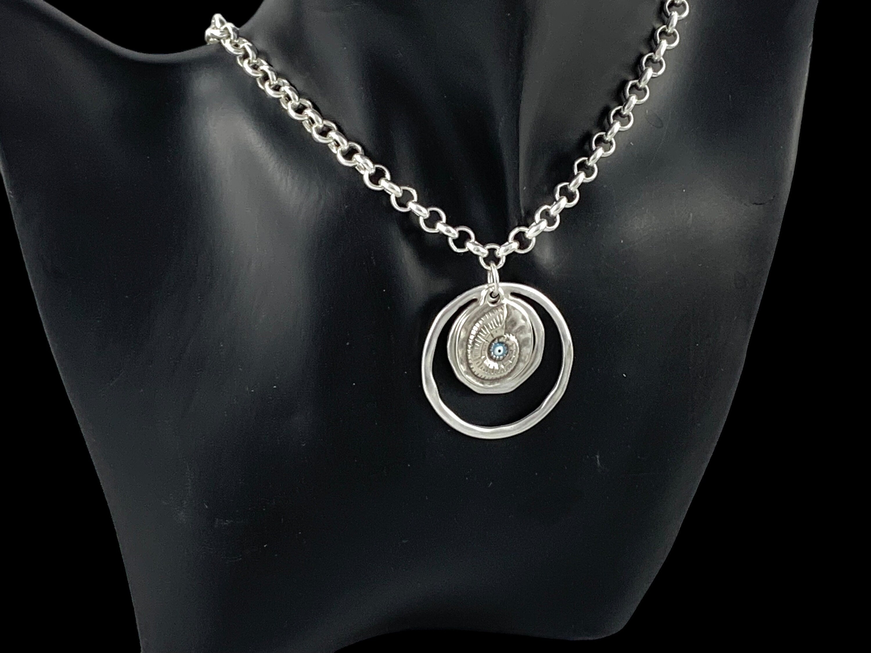chunky silver rolo chain necklace with statement shell and circles pendant, bold chain necklace, unique birthday present for women,