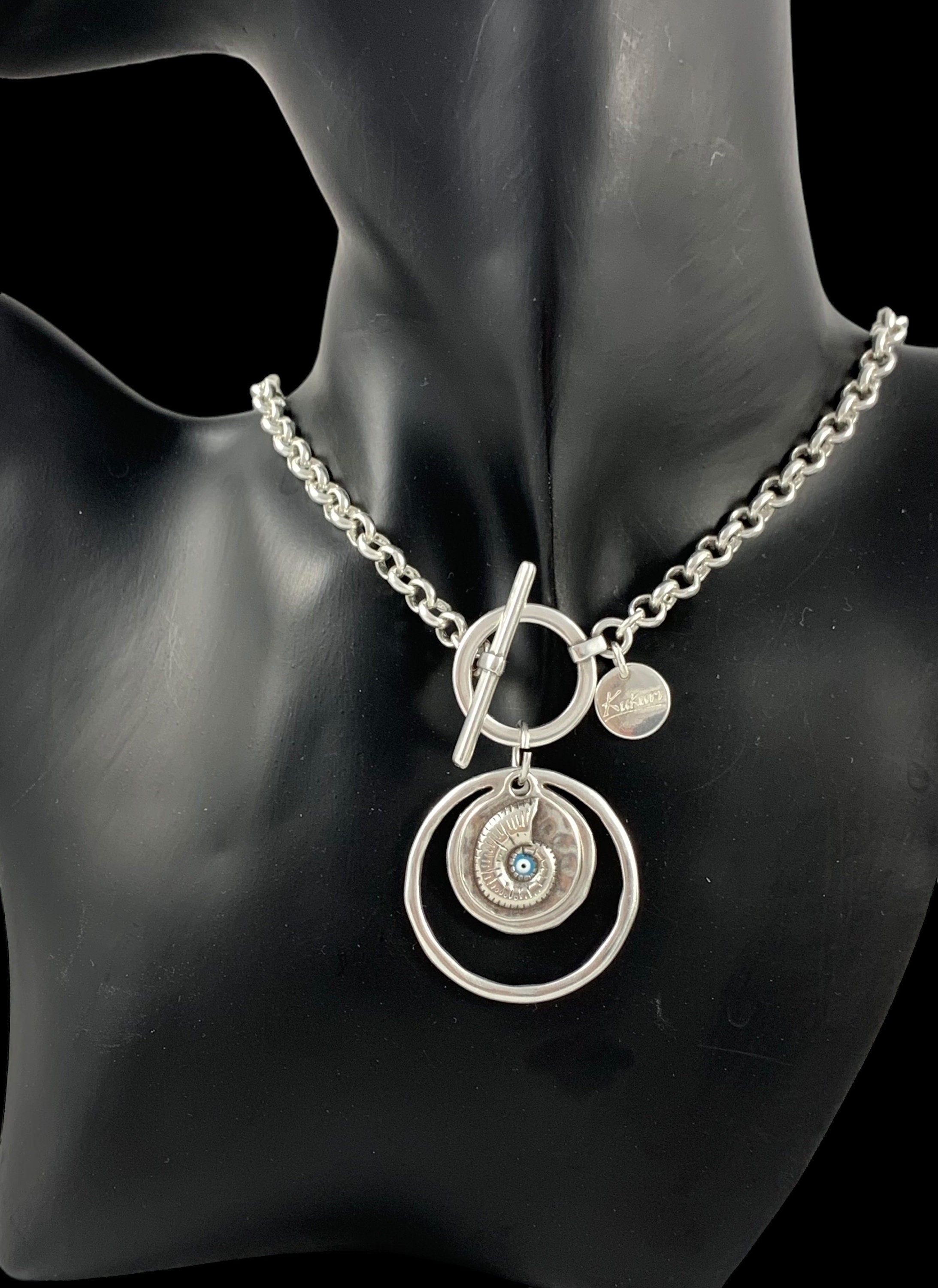 Statement circle pendant chunky silver chain toggle necklace, sisters gift, girlfriend unique birthday present, silver chain toggle necklace