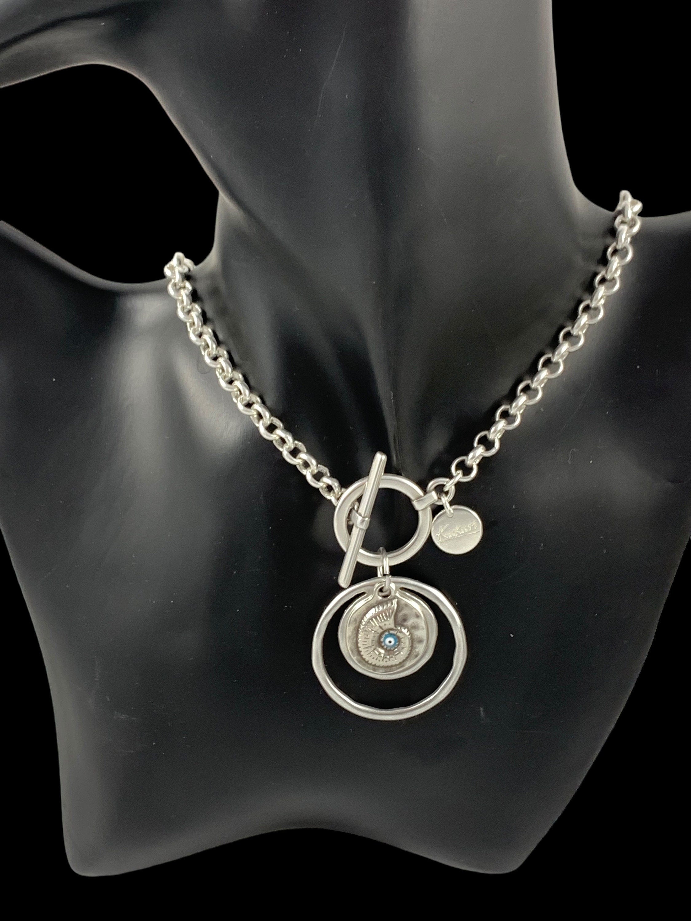 Statement circle pendant chunky silver chain toggle necklace, sisters gift, girlfriend unique birthday present, silver chain toggle necklace
