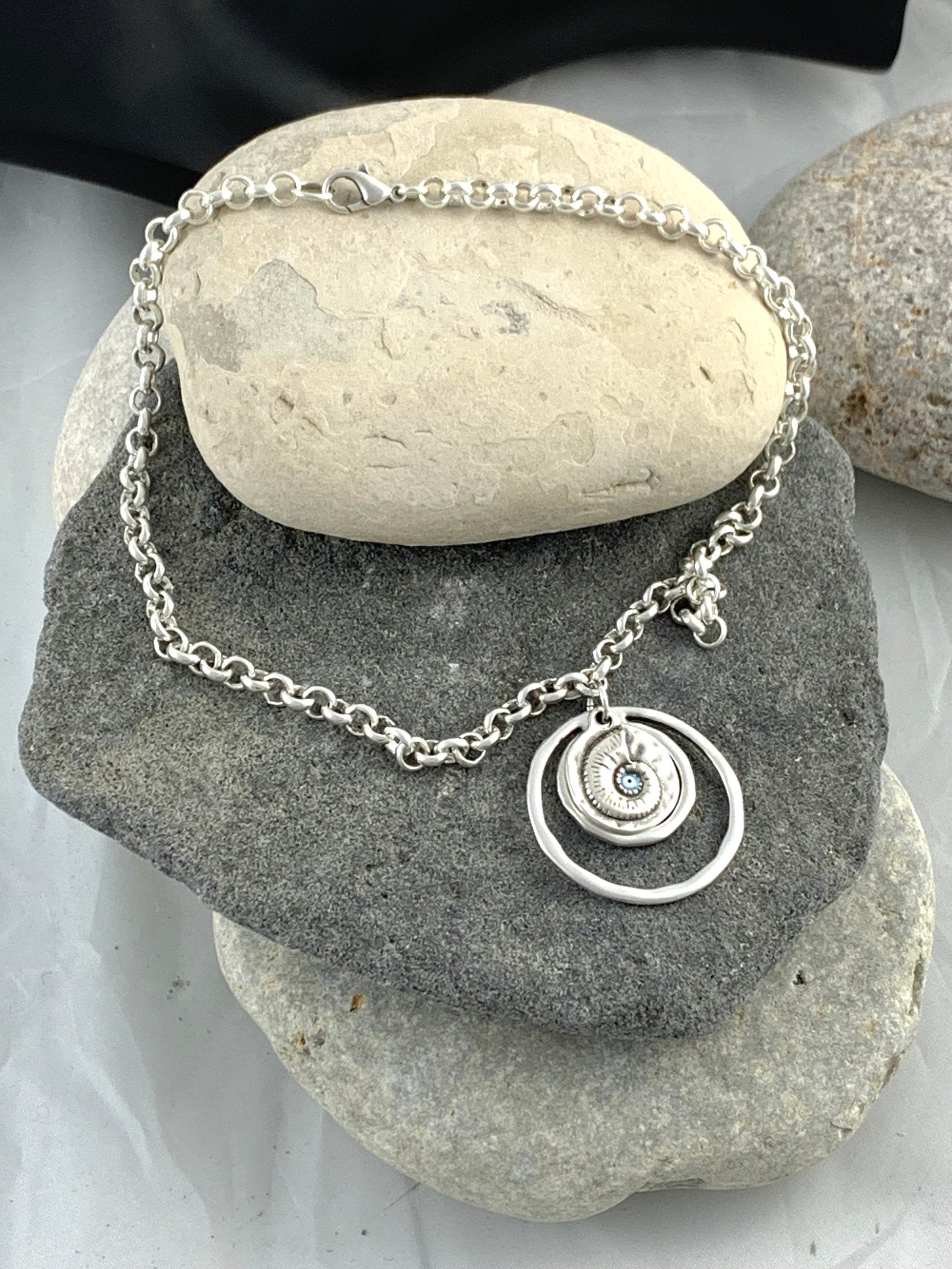chunky silver rolo chain necklace with statement shell and circles pendant, bold chain necklace, unique birthday present for women,