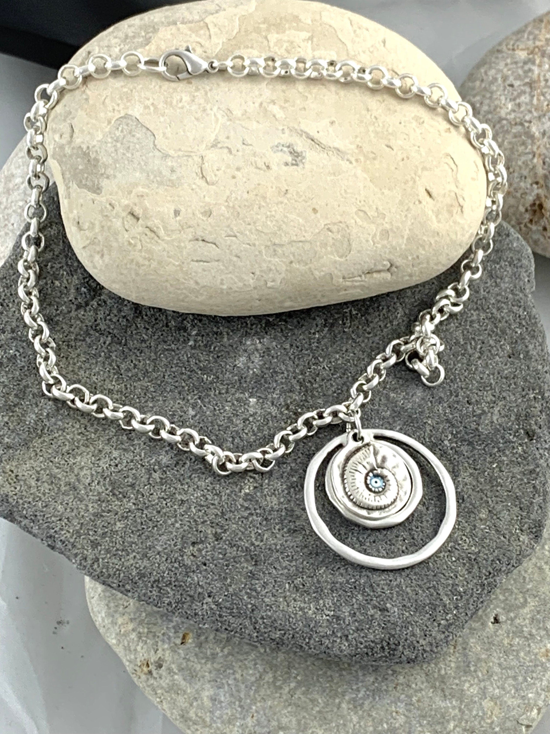 chunky silver rolo chain necklace with statement shell and circles pendant, bold chain necklace, unique birthday present for women,