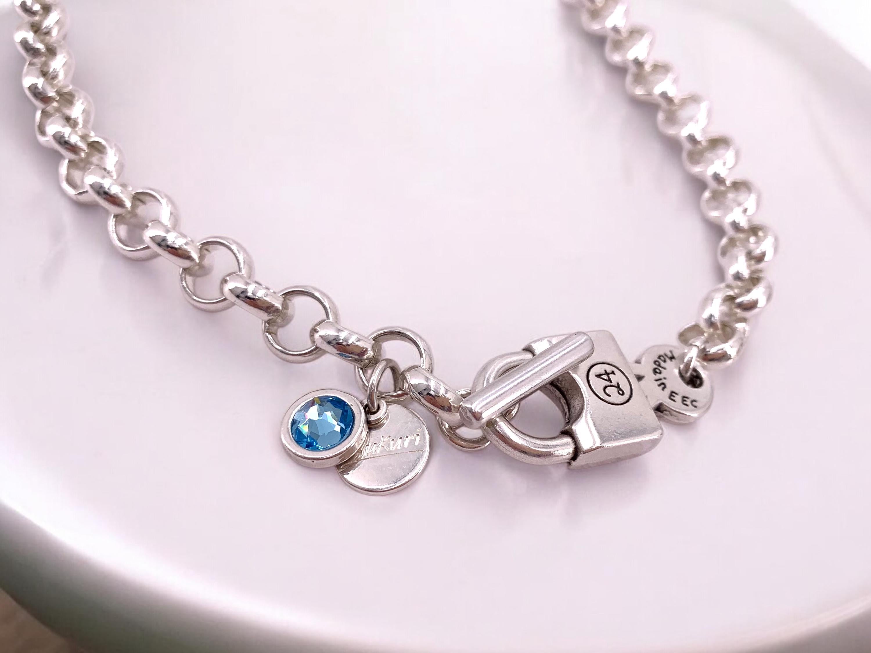 Chunky Silver Padlock chain Necklace – Toggle Clasp with Swarovski Charm – Handmade Statement Jewelry - - gift for her