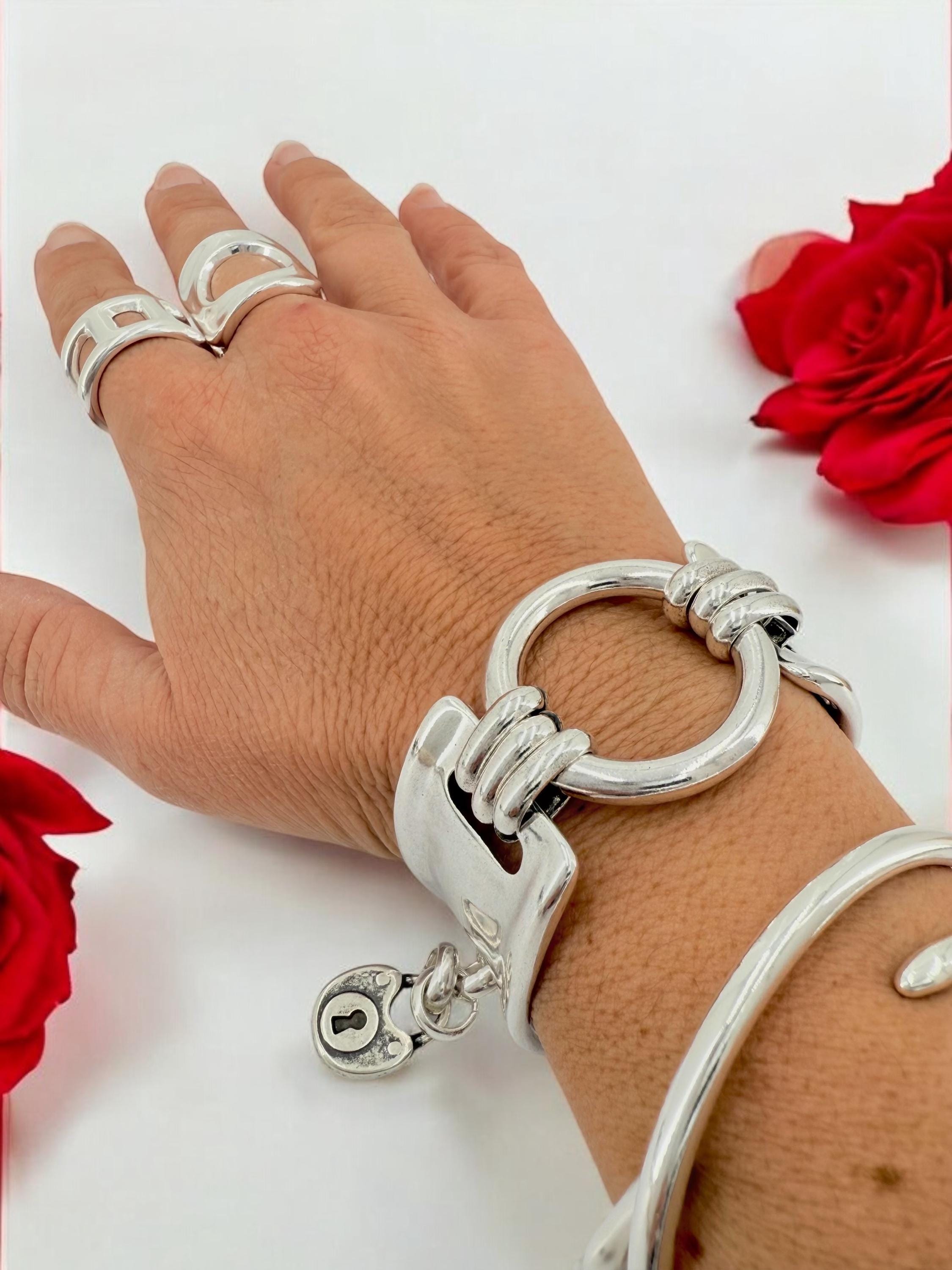 Chunky silver bracelet, cuff bracelet, silver bold bracelet, silver chain bracelet, thick link bracelet, uno de 50 style, statement bracelet