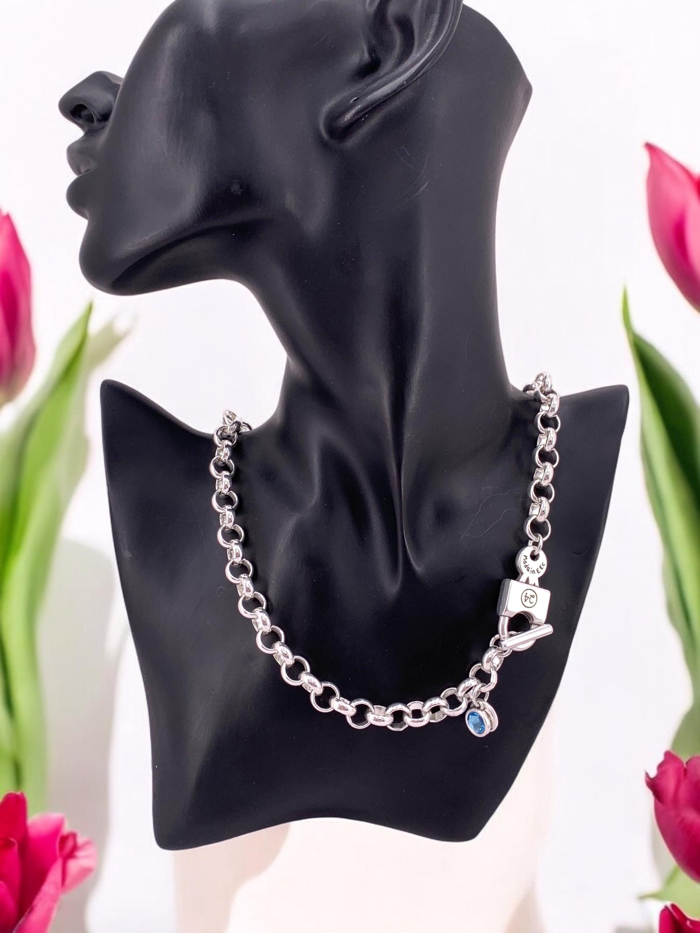 Chunky Silver Padlock chain Necklace – Toggle Clasp with Swarovski Charm – Handmade Statement Jewelry - - gift for her