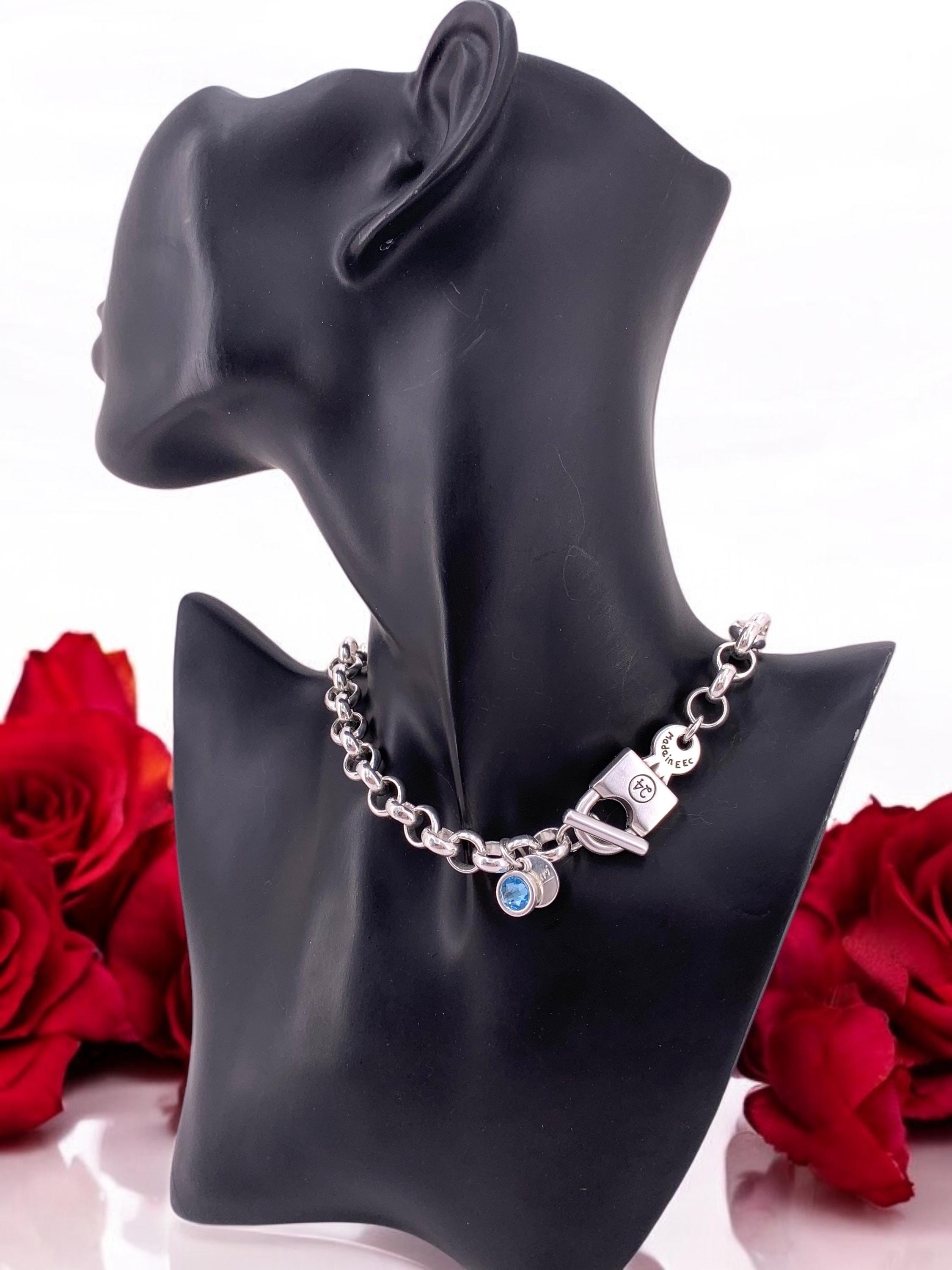 Chunky Silver Padlock chain Necklace – Toggle Clasp with Swarovski Charm – Handmade Statement Jewelry - - gift for her